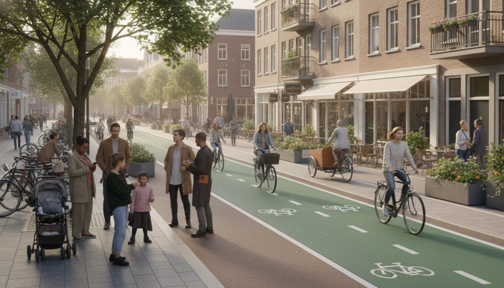 A vibrant bicycle street bustling with activity, showcasing a designated bike lane integrated with pedestrians. In the foreground, a diverse group of pedestrians in modest casual clothing interacts, some waiting at the curb, others walking along the path. In the middle ground, cyclists navigate the clearly marked bike lane, maintaining a safe distance from the foot traffic. The background features quaint shops and greenery, emphasizing a lively urban setting. The scene is illuminated by soft, natural sunlight, casting gentle shadows that create a warm and inviting atmosphere. Capture the action from a slightly elevated angle to provide a clear perspective on the harmonious coexistence of cyclists and walkers on the shared space. A vibrant bicycle street bustling with activity, showcasing a designated bike lane integrated with pedestrians. In the foreground, a diverse group of pedestrians in modest casual clothing interacts, some waiting at the curb, others walking along the path. In the middle ground, cyclists navigate the clearly marked bike lane, maintaining a safe distance from the foot traffic. The background features quaint shops and greenery, emphasizing a lively urban setting. The scene is illuminated by soft, natural sunlight, casting gentle shadows that create a warm and inviting atmosphere. Capture the action from a slightly elevated angle to provide a clear perspective on the harmonious coexistence of cyclists and walkers on the shared space.