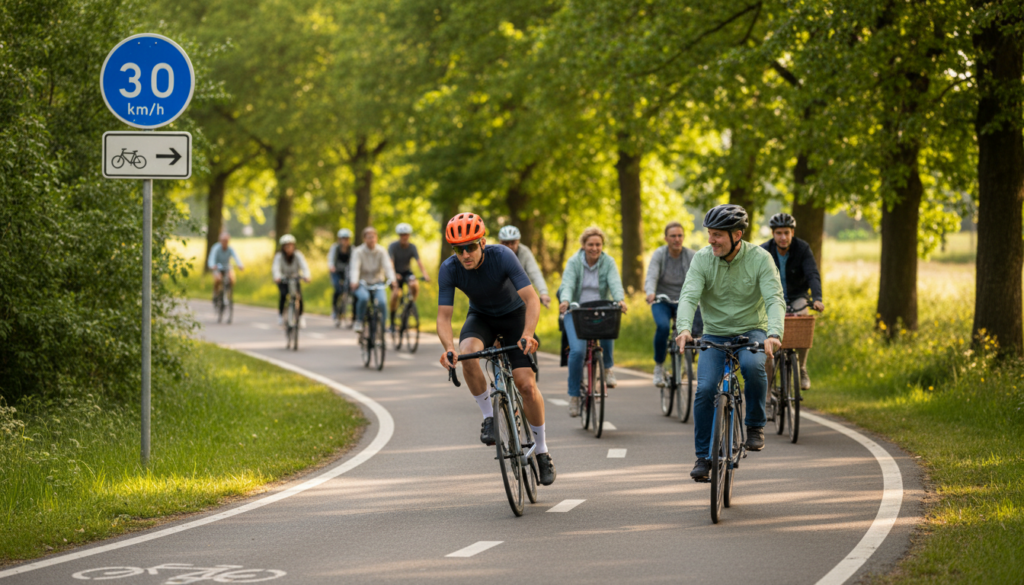 A vibrant scene depicting cyclists on a bicycle street, showcasing the theme of overtaking. In the foreground, a cyclist in a bright helmet and professional cycling gear is skillfully overtaking another cyclist dressed in casual, modest clothing. The middle ground features a diverse group of cyclists, including men and women of various ages, all following the bicycle lane rules, with visible traffic signs indicating speed limits and overtaking regulations. The background includes lush green trees lining the bike path and soft sunlight filtering through, creating a warm, inviting atmosphere. The shot is taken at a slightly elevated angle to capture the dynamic movement of the cyclists while emphasizing the structured layout of the bike path. The overall mood is both energetic and focused, reflecting the importance of safety and adherence to cycling regulations. A vibrant scene depicting cyclists on a bicycle street, showcasing the theme of overtaking. In the foreground, a cyclist in a bright helmet and professional cycling gear is skillfully overtaking another cyclist dressed in casual, modest clothing. The middle ground features a diverse group of cyclists, including men and women of various ages, all following the bicycle lane rules, with visible traffic signs indicating speed limits and overtaking regulations. The background includes lush green trees lining the bike path and soft sunlight filtering through, creating a warm, inviting atmosphere. The shot is taken at a slightly elevated angle to capture the dynamic movement of the cyclists while emphasizing the structured layout of the bike path. The overall mood is both energetic and focused, reflecting the importance of safety and adherence to cycling regulations.