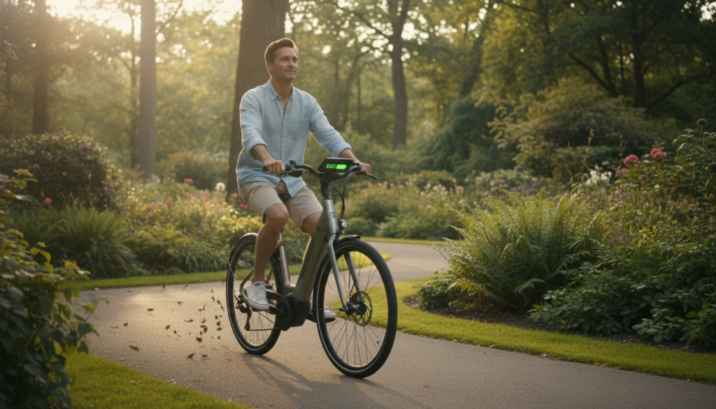 A vibrant scene showcasing an e-bike in Eco Mode, depicted with a rider in modest casual clothing riding through a scenic park. In the foreground, the focus is on the e-bike, emphasizing its sleek design with modern features, such as a digital display showing energy levels. In the middle ground, the cyclist is seamlessly blending effort and ease, showcasing the efficiency of the Eco Mode while riding along a winding path surrounded by lush greenery. In the background, soft sunlight filters through the trees, creating a warm, inviting atmosphere that reflects tranquility and sustainability. The angle captures a dynamic view, highlighting the bike's movement and the serene environment, evoking a sense of enjoyment and efficiency in e-biking. A vibrant scene showcasing an e-bike in Eco Mode, depicted with a rider in modest casual clothing riding through a scenic park. In the foreground, the focus is on the e-bike, emphasizing its sleek design with modern features, such as a digital display showing energy levels. In the middle ground, the cyclist is seamlessly blending effort and ease, showcasing the efficiency of the Eco Mode while riding along a winding path surrounded by lush greenery. In the background, soft sunlight filters through the trees, creating a warm, inviting atmosphere that reflects tranquility and sustainability. The angle captures a dynamic view, highlighting the bike's movement and the serene environment, evoking a sense of enjoyment and efficiency in e-biking.