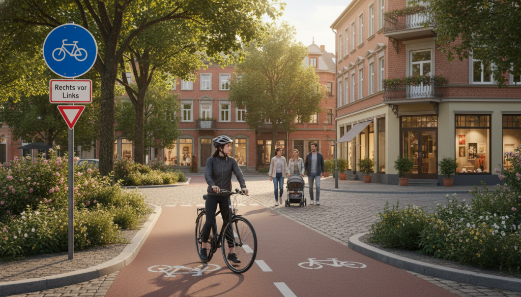A vibrant urban scene illustrating a bicycle street (Fahrradstraße) with clear road signs indicating “Rechts vor Links” (right before left) rules. In the foreground, a cyclist in professional casual attire pauses at an intersection, looking alert and aware. The middle ground features a well-maintained bike lane, flanked by greenery and small shops. A few pedestrians are crossing safely, emphasizing the community aspect of bicycle culture. In the background, an old-fashioned street intersection adds charm, showcasing townhouses and mature trees. The scene is illuminated by soft afternoon light, providing a warm, inviting atmosphere. The focus is sharp, capturing the bustling environment while conveying the importance of road safety rules. A vibrant urban scene illustrating a bicycle street (Fahrradstraße) with clear road signs indicating “Rechts vor Links” (right before left) rules. In the foreground, a cyclist in professional casual attire pauses at an intersection, looking alert and aware. The middle ground features a well-maintained bike lane, flanked by greenery and small shops. A few pedestrians are crossing safely, emphasizing the community aspect of bicycle culture. In the background, an old-fashioned street intersection adds charm, showcasing townhouses and mature trees. The scene is illuminated by soft afternoon light, providing a warm, inviting atmosphere. The focus is sharp, capturing the bustling environment while conveying the importance of road safety rules.