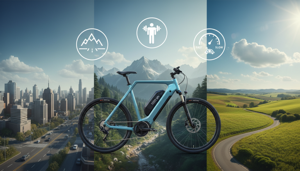 A visually striking illustration of factors affecting E-bike battery capacity and range. In the foreground, display a sleek modern e-bike with a highlighted battery, showcasing its 1000 Wh capacity. In the middle ground, incorporate various symbols representing key factors like terrain type (flat vs. hilly), rider weight, and speed — each symbol should be distinct and easy to understand. In the background, depict a scenic landscape illustrating different riding environments, such as urban streets, mountain trails, and countryside. The lighting should be bright and natural, evoking a sense of exploration and adventure. Use a wide-angle lens to capture the full scene, ensuring clarity and focus on the e-bike and its components. Create an informative and engaging atmosphere, perfect for visualizing the discussion on range factors without any text or distractions. A visually striking illustration of factors affecting E-bike battery capacity and range. In the foreground, display a sleek modern e-bike with a highlighted battery, showcasing its 1000 Wh capacity. In the middle ground, incorporate various symbols representing key factors like terrain type (flat vs. hilly), rider weight, and speed — each symbol should be distinct and easy to understand. In the background, depict a scenic landscape illustrating different riding environments, such as urban streets, mountain trails, and countryside. The lighting should be bright and natural, evoking a sense of exploration and adventure. Use a wide-angle lens to capture the full scene, ensuring clarity and focus on the e-bike and its components. Create an informative and engaging atmosphere, perfect for visualizing the discussion on range factors without any text or distractions.