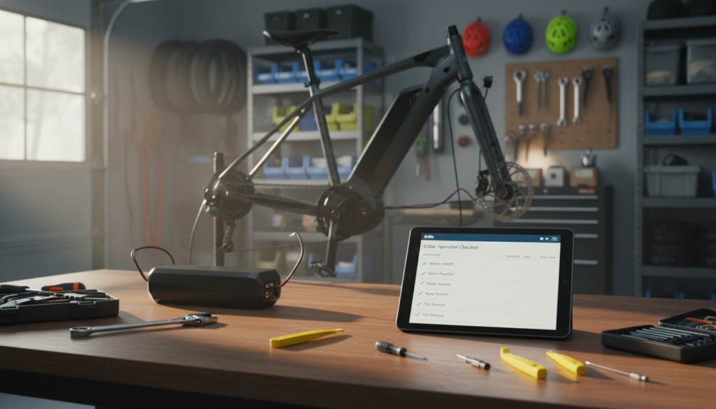 A well-lit workspace featuring a detailed e-bike inspection checklist and essential tools laid out neatly on a wooden table. In the foreground, various tools such as wrenches, screwdrivers, and tire levers are organized alongside a digital checklist on a tablet. In the middle ground, a partially disassembled e-bike is showcased, with a focus on the battery and motor for inspection. The background includes a soft-focus garage environment, with shelves containing additional tools and parts, enhancing the DIY atmosphere. Natural light streams in through a window, creating a warm and inviting ambiance. The overall mood conveys a sense of professionalism and readiness for a thorough home inspection. A well-lit workspace featuring a detailed e-bike inspection checklist and essential tools laid out neatly on a wooden table. In the foreground, various tools such as wrenches, screwdrivers, and tire levers are organized alongside a digital checklist on a tablet. In the middle ground, a partially disassembled e-bike is showcased, with a focus on the battery and motor for inspection. The background includes a soft-focus garage environment, with shelves containing additional tools and parts, enhancing the DIY atmosphere. Natural light streams in through a window, creating a warm and inviting ambiance. The overall mood conveys a sense of professionalism and readiness for a thorough home inspection.