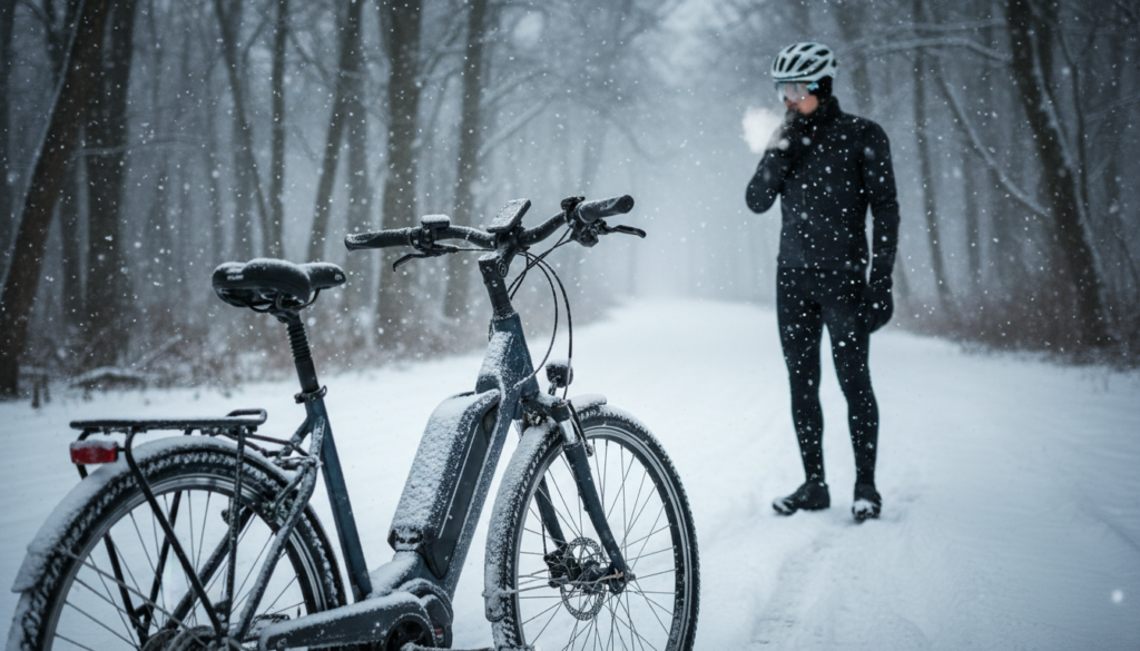 A winter scene illustrating the concept of range loss for electric bikes (Pedelecs) in cold weather. In the foreground, a close-up of a Pedelec with a frosted battery and tire tracks in the snow. The middle ground features a cyclist in professional attire, thoughtfully examining a range display on the bike's dashboard, with their breath visible in the cold air. In the background, gently falling snowflakes create a soft, serene atmosphere, while leafless trees and a shaded path hint at a chilly winter day. The lighting is cool and muted, casting soft shadows, emphasizing the quietness of the scene. The composition should evoke a sense of contemplation on winter biking challenges, without any text or distractions. A winter scene illustrating the concept of range loss for electric bikes (Pedelecs) in cold weather. In the foreground, a close-up of a Pedelec with a frosted battery and tire tracks in the snow. The middle ground features a cyclist in professional attire, thoughtfully examining a range display on the bike's dashboard, with their breath visible in the cold air. In the background, gently falling snowflakes create a soft, serene atmosphere, while leafless trees and a shaded path hint at a chilly winter day. The lighting is cool and muted, casting soft shadows, emphasizing the quietness of the scene. The composition should evoke a sense of contemplation on winter biking challenges, without any text or distractions.