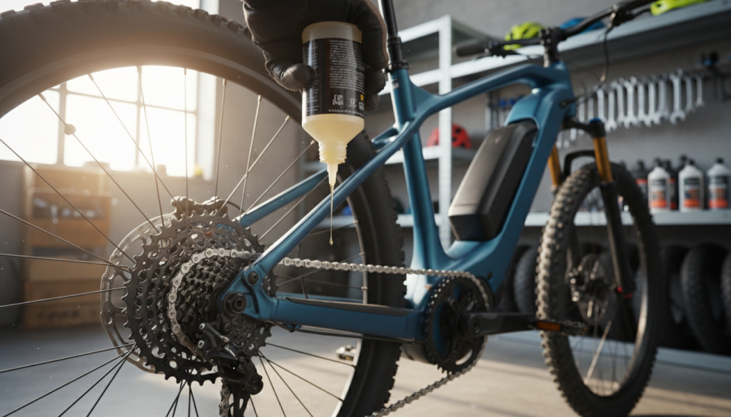 An E-bike chain being carefully lubricated with chain oil in a well-lit workshop setting. In the foreground, focus on a hand holding a bottle of chain oil, with oil gently dripping onto a clean bicycle chain. The middle ground features a sleek E-bike with a modern design, showcasing its sturdy frame and wheels. In the background, shelves filled with bike maintenance tools and equipment are slightly blurred. The lighting is bright and natural, creating a welcoming atmosphere, with sunlight filtering through a nearby window. Capture a sense of meticulous attention to detail, emphasizing the importance of proper bike maintenance. An E-bike chain being carefully lubricated with chain oil in a well-lit workshop setting. In the foreground, focus on a hand holding a bottle of chain oil, with oil gently dripping onto a clean bicycle chain. The middle ground features a sleek E-bike with a modern design, showcasing its sturdy frame and wheels. In the background, shelves filled with bike maintenance tools and equipment are slightly blurred. The lighting is bright and natural, creating a welcoming atmosphere, with sunlight filtering through a nearby window. Capture a sense of meticulous attention to detail, emphasizing the importance of proper bike maintenance.