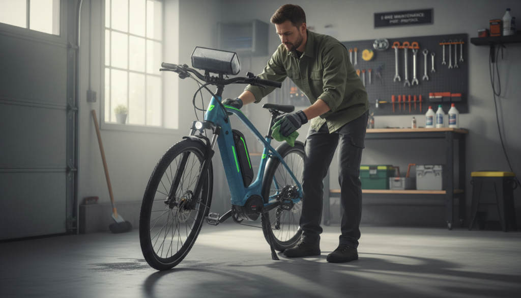 An e-bike being carefully dried after a rainy ride, positioned prominently in the foreground on a clean, dry surface. The bike features a sleek design with vibrant colors, showcasing its electronic components and waterproof features. In the middle ground, a person dressed in practical, modest clothing is gently wiping the bike with a soft cloth, demonstrating proper care. The background includes a clean garage setting with soft, diffused natural lighting pouring in from a window, casting gentle reflections on the bike's surface. The mood is calm and focused, emphasizing the importance of immediate maintenance after wet rides, showcasing diligence in e-bike care. An e-bike being carefully dried after a rainy ride, positioned prominently in the foreground on a clean, dry surface. The bike features a sleek design with vibrant colors, showcasing its electronic components and waterproof features. In the middle ground, a person dressed in practical, modest clothing is gently wiping the bike with a soft cloth, demonstrating proper care. The background includes a clean garage setting with soft, diffused natural lighting pouring in from a window, casting gentle reflections on the bike's surface. The mood is calm and focused, emphasizing the importance of immediate maintenance after wet rides, showcasing diligence in e-bike care.