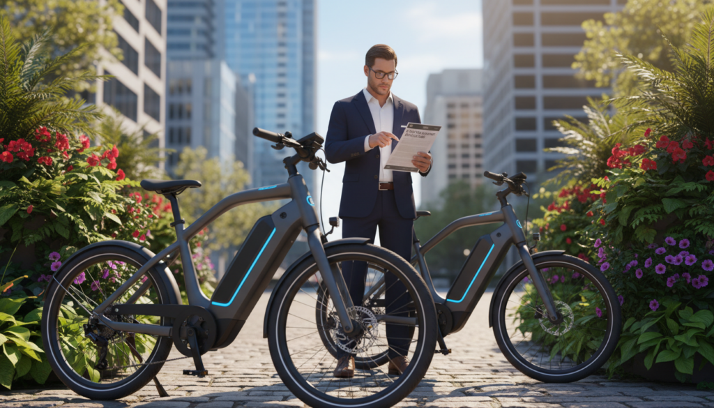 An e-bike in a sleek design, prominently displayed in the foreground, showcasing its modern features such as a powerful battery and advanced controls. The bike is parked on a sunny street, surrounded by lush greenery and a few vibrant flowers, emphasizing the joy of cycling. In the middle ground, a thoughtful individual in professional attire inspects an e-bike insurance policy document, indicating seriousness about coverage options. The background features a cityscape with blurred buildings, suggesting a lively urban environment. Soft natural lighting illuminates the scene, creating a warm and inviting atmosphere, while a shallow depth of field keeps the focus on the e-bike and the individual. The overall mood conveys consideration and protection, reflecting the theme of e-bike full insurance benefits. An e-bike in a sleek design, prominently displayed in the foreground, showcasing its modern features such as a powerful battery and advanced controls. The bike is parked on a sunny street, surrounded by lush greenery and a few vibrant flowers, emphasizing the joy of cycling. In the middle ground, a thoughtful individual in professional attire inspects an e-bike insurance policy document, indicating seriousness about coverage options. The background features a cityscape with blurred buildings, suggesting a lively urban environment. Soft natural lighting illuminates the scene, creating a warm and inviting atmosphere, while a shallow depth of field keeps the focus on the e-bike and the individual. The overall mood conveys consideration and protection, reflecting the theme of e-bike full insurance benefits.