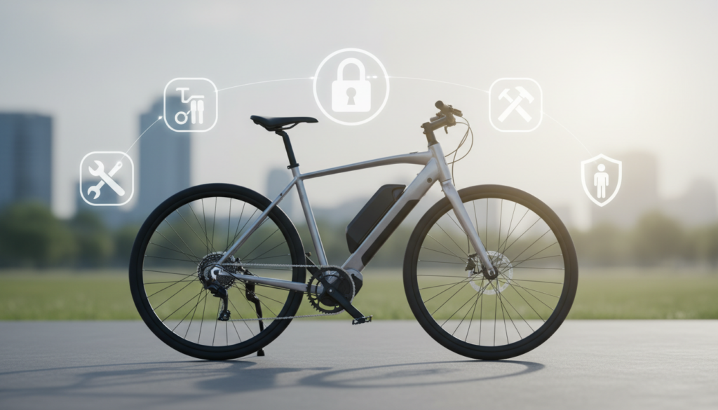 An informative and visually striking illustration showcasing the various coverage features of E-Bike insurance. In the foreground, a detailed E-Bike with prominent gears and a sleek design, symbolizing the subject. In the middle, transparent icons representing coverage benefits like theft protection, damage repair, and liability, artistically arranged around the bike to suggest protection. The background features a soft blur of an urban landscape, indicating a safe riding environment. Soft, natural lighting brings attention to the bike and the icons, while a wide-angle perspective enhances depth. The overall mood is professional and reassuring, embodying safety and reliability in the context of E-Bike insurance. No text or additional elements are present, ensuring clarity. An informative and visually striking illustration showcasing the various coverage features of E-Bike insurance. In the foreground, a detailed E-Bike with prominent gears and a sleek design, symbolizing the subject. In the middle, transparent icons representing coverage benefits like theft protection, damage repair, and liability, artistically arranged around the bike to suggest protection. The background features a soft blur of an urban landscape, indicating a safe riding environment. Soft, natural lighting brings attention to the bike and the icons, while a wide-angle perspective enhances depth. The overall mood is professional and reassuring, embodying safety and reliability in the context of E-Bike insurance. No text or additional elements are present, ensuring clarity.