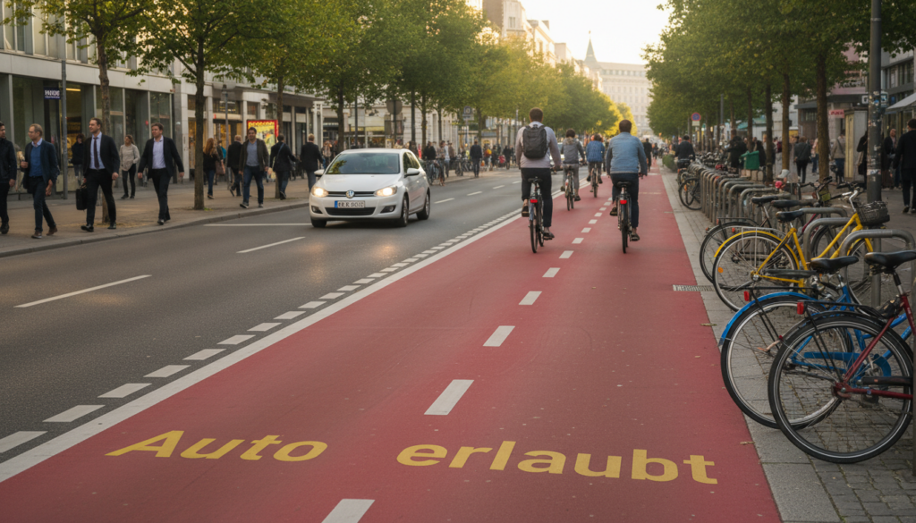 A bicycle street in an urban setting, showcasing a focused scene where cars are allowed. In the foreground, a colorful bike lane marked with clear signage indicating "Auto erlaubt" beside vibrant bicycles parked along the side. The middle ground features a car cautiously navigating the street, maintaining a safe distance from cyclists. The background reveals a bustling cityscape with tree-lined streets and pedestrians walking, some in professional attire, creating a sense of community. Soft, natural lighting illuminates the scene, giving it a warm, inviting atmosphere. The angle captures a slightly elevated viewpoint, emphasizing the coexistence of cars and bicycles on this shared roadway, highlighting the responsibilities of drivers in this environment. A bicycle street in an urban setting, showcasing a focused scene where cars are allowed. In the foreground, a colorful bike lane marked with clear signage indicating "Auto erlaubt" beside vibrant bicycles parked along the side. The middle ground features a car cautiously navigating the street, maintaining a safe distance from cyclists. The background reveals a bustling cityscape with tree-lined streets and pedestrians walking, some in professional attire, creating a sense of community. Soft, natural lighting illuminates the scene, giving it a warm, inviting atmosphere. The angle captures a slightly elevated viewpoint, emphasizing the coexistence of cars and bicycles on this shared roadway, highlighting the responsibilities of drivers in this environment.