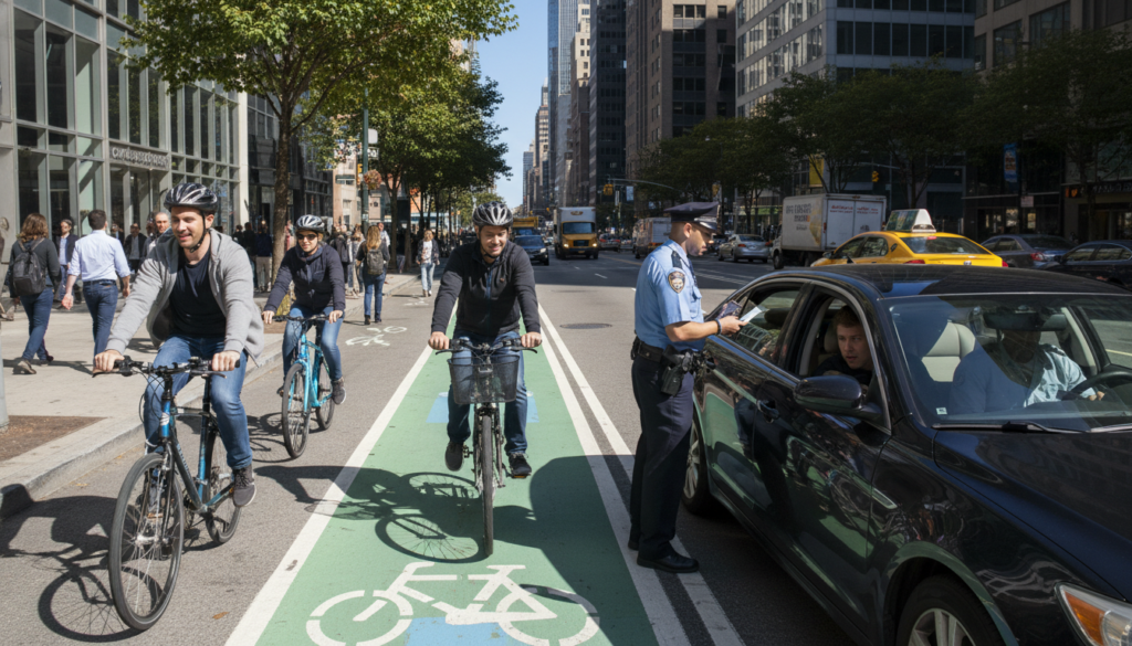 A bustling city street scene depicting a bicycle lane, sharply contrasted with an illegally parked car. In the foreground, the bicycle lane is marked with vivid colors, with cyclists wearing helmets and casual clothing, actively using the path. The middle ground features a car parked too close to the bike lane, with a subtle indication of a police officer issuing a ticket to the driver, dressed in a neat uniform, standing by the vehicle. The background captures a busy urban environment with pedestrians, trees lining the street, and modern buildings under a clear blue sky. The lighting is bright and natural, suggesting midday, creating an alert yet informative mood about traffic regulations. The angle is slightly elevated to provide a comprehensive view of the scene, emphasizing both the bike lane and the parking violation. A bustling city street scene depicting a bicycle lane, sharply contrasted with an illegally parked car. In the foreground, the bicycle lane is marked with vivid colors, with cyclists wearing helmets and casual clothing, actively using the path. The middle ground features a car parked too close to the bike lane, with a subtle indication of a police officer issuing a ticket to the driver, dressed in a neat uniform, standing by the vehicle. The background captures a busy urban environment with pedestrians, trees lining the street, and modern buildings under a clear blue sky. The lighting is bright and natural, suggesting midday, creating an alert yet informative mood about traffic regulations. The angle is slightly elevated to provide a comprehensive view of the scene, emphasizing both the bike lane and the parking violation.