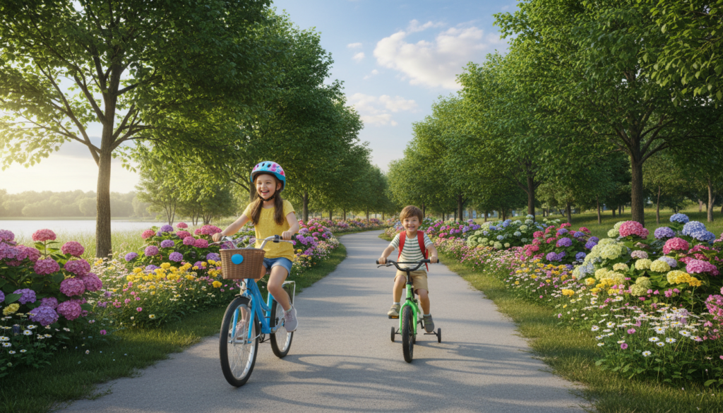 A charming scene depicting two children riding bicycles side by side on a picturesque path in a park. The foreground features two cheerful children, one wearing a colorful helmet and the other with a backpack, both in modest casual clothing. In the middle ground, the path is lined with vibrant green trees and blooming flowers, creating a lively atmosphere. The background shows a sunny sky with soft, fluffy clouds, enhancing the cheerful mood of the scene. Use warm, natural lighting to highlight the joy of outdoor activities. The angle should be slightly elevated, capturing the delightful interaction between the children while ensuring a sense of safety and community. A charming scene depicting two children riding bicycles side by side on a picturesque path in a park. The foreground features two cheerful children, one wearing a colorful helmet and the other with a backpack, both in modest casual clothing. In the middle ground, the path is lined with vibrant green trees and blooming flowers, creating a lively atmosphere. The background shows a sunny sky with soft, fluffy clouds, enhancing the cheerful mood of the scene. Use warm, natural lighting to highlight the joy of outdoor activities. The angle should be slightly elevated, capturing the delightful interaction between the children while ensuring a sense of safety and community.