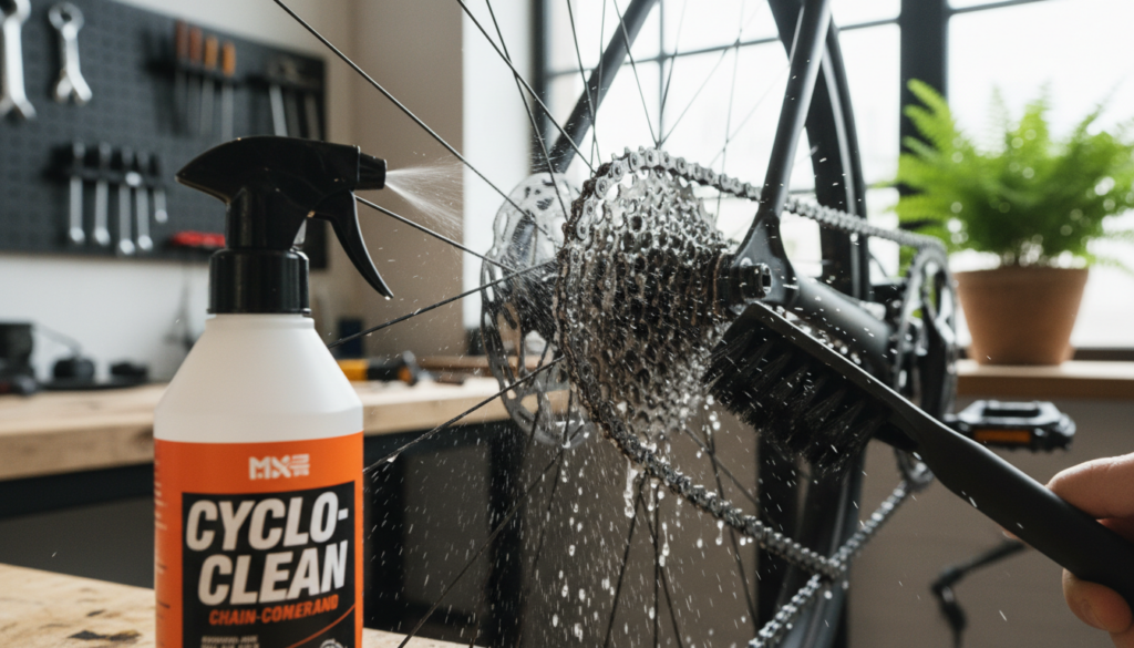 A clean, detailed view of a bicycle chain being thoroughly cleaned with a specialized bike chain cleaner. In the foreground, a bright, well-lit bottle of chain cleaner is prominently displayed, with a spray nozzle aimed at the chain. In the middle ground, an intricately designed bicycle chain is shown being cleaned, with droplets of cleaner visible on its links, highlighting the cleaning process. The background softens to a blurred workshop setting, filled with bike tools, a workbench, and a vibrant green plant, adding an element of freshness. The overall lighting is bright and natural, suggesting a clean, professional atmosphere. The mood is one of maintenance and care, appealing to avid cyclists focused on bike upkeep. A clean, detailed view of a bicycle chain being thoroughly cleaned with a specialized bike chain cleaner. In the foreground, a bright, well-lit bottle of chain cleaner is prominently displayed, with a spray nozzle aimed at the chain. In the middle ground, an intricately designed bicycle chain is shown being cleaned, with droplets of cleaner visible on its links, highlighting the cleaning process. The background softens to a blurred workshop setting, filled with bike tools, a workbench, and a vibrant green plant, adding an element of freshness. The overall lighting is bright and natural, suggesting a clean, professional atmosphere. The mood is one of maintenance and care, appealing to avid cyclists focused on bike upkeep.