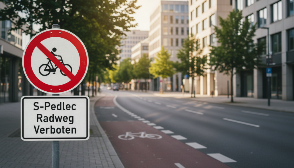 A clean, urban street scene depicting a "S-Pedelec Radweg Verboten" sign prominently displayed in the foreground. The sign should be depicted in clear detail, showcasing its bold red colors and clear imagery of a bicycle with a prohibition symbol. In the middle ground, a well-maintained bike lane transitions into a wide road with a smooth asphalt surface, hinting at the journey legality of S-Pedelecs. Surrounding the area are green trees and modern buildings, adding an urban feel. The background is slightly blurred, suggesting depth, while warm, natural daylight illuminates the scene, creating an inviting mood. The angle should be slightly low to emphasize the sign and the road, while capturing the essence of urban cycling regulations. A clean, urban street scene depicting a "S-Pedelec Radweg Verboten" sign prominently displayed in the foreground. The sign should be depicted in clear detail, showcasing its bold red colors and clear imagery of a bicycle with a prohibition symbol. In the middle ground, a well-maintained bike lane transitions into a wide road with a smooth asphalt surface, hinting at the journey legality of S-Pedelecs. Surrounding the area are green trees and modern buildings, adding an urban feel. The background is slightly blurred, suggesting depth, while warm, natural daylight illuminates the scene, creating an inviting mood. The angle should be slightly low to emphasize the sign and the road, while capturing the essence of urban cycling regulations.