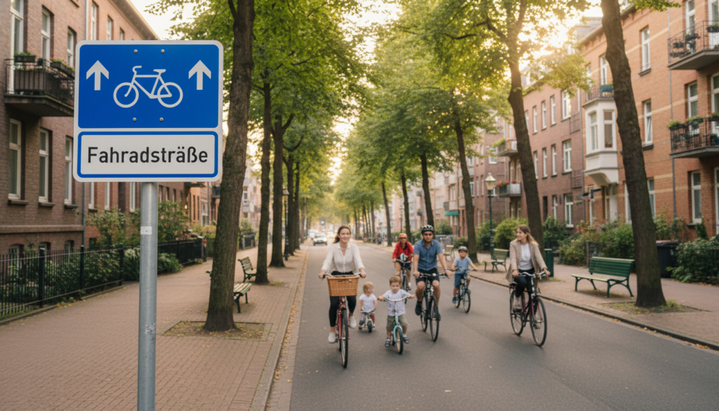 A clear and informative scene depicting a "Fahrradstraße" (bicycle street) sign in a picturesque urban setting. In the foreground, the sign is prominently displayed, showing its characteristic blue and white colors. The middle ground features a tree-lined street bustling with cyclists riding by casually, enjoying their journey. Dappled sunlight filters through the tree branches, casting soft shadows on the pavement. In the background, charming houses and park benches create a welcoming neighborhood atmosphere. The image is captured with a moderate depth of field, emphasizing the sign while keeping the cyclists and surroundings in soft focus. The overall mood is vibrant and inviting, highlighting a community-friendly environment conducive to cycling. The lighting is warm, suggesting either a late afternoon or early morning scene. A clear and informative scene depicting a "Fahrradstraße" (bicycle street) sign in a picturesque urban setting. In the foreground, the sign is prominently displayed, showing its characteristic blue and white colors. The middle ground features a tree-lined street bustling with cyclists riding by casually, enjoying their journey. Dappled sunlight filters through the tree branches, casting soft shadows on the pavement. In the background, charming houses and park benches create a welcoming neighborhood atmosphere. The image is captured with a moderate depth of field, emphasizing the sign while keeping the cyclists and surroundings in soft focus. The overall mood is vibrant and inviting, highlighting a community-friendly environment conducive to cycling. The lighting is warm, suggesting either a late afternoon or early morning scene.