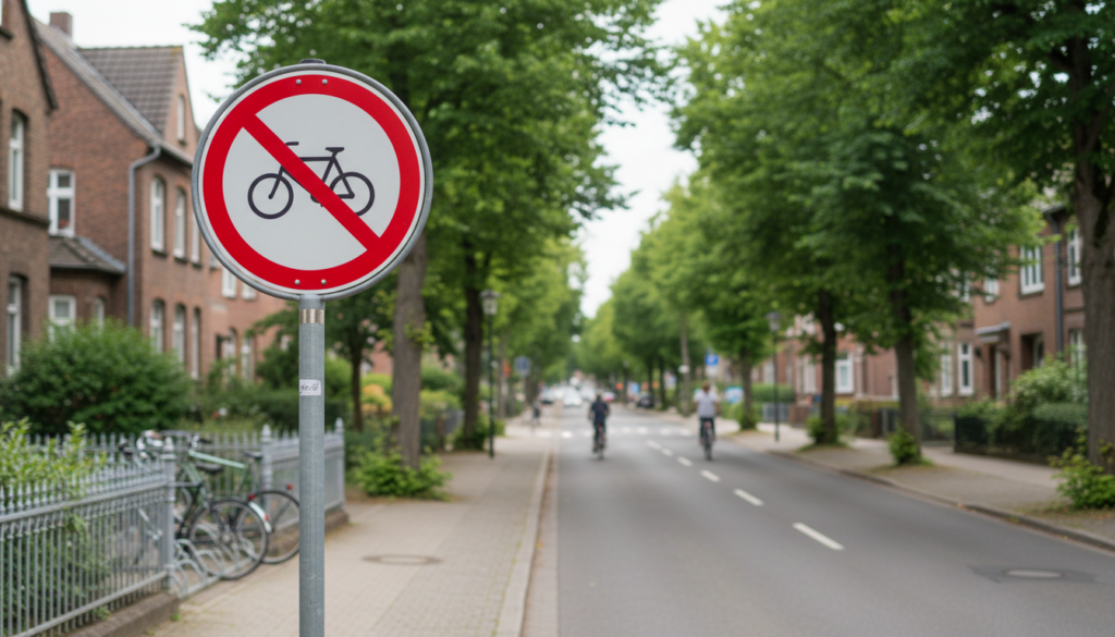 A clear and informative traffic sign representing "Zeichen 244.2: Ende der Fahrradstraße," prominently displayed in the foreground against a simple urban backdrop. The sign, characterized by its red circular border and white diagonal line, symbolizes the end of the bicycle lane, standing tall on a sturdy metal pole. In the middle ground, depict a quiet street scene featuring bicycles parked nearby and a small, well-maintained road extending into a typical residential area. The background should include soft-focus trees and buildings that reflect a peaceful neighborhood atmosphere. Use natural daylight to create a bright, welcoming mood, with an angle that places emphasis on the sign, showcasing its importance, while maintaining a sense of clarity and purpose in the image composition. A clear and informative traffic sign representing "Zeichen 244.2: Ende der Fahrradstraße," prominently displayed in the foreground against a simple urban backdrop. The sign, characterized by its red circular border and white diagonal line, symbolizes the end of the bicycle lane, standing tall on a sturdy metal pole. In the middle ground, depict a quiet street scene featuring bicycles parked nearby and a small, well-maintained road extending into a typical residential area. The background should include soft-focus trees and buildings that reflect a peaceful neighborhood atmosphere. Use natural daylight to create a bright, welcoming mood, with an angle that places emphasis on the sign, showcasing its importance, while maintaining a sense of clarity and purpose in the image composition.