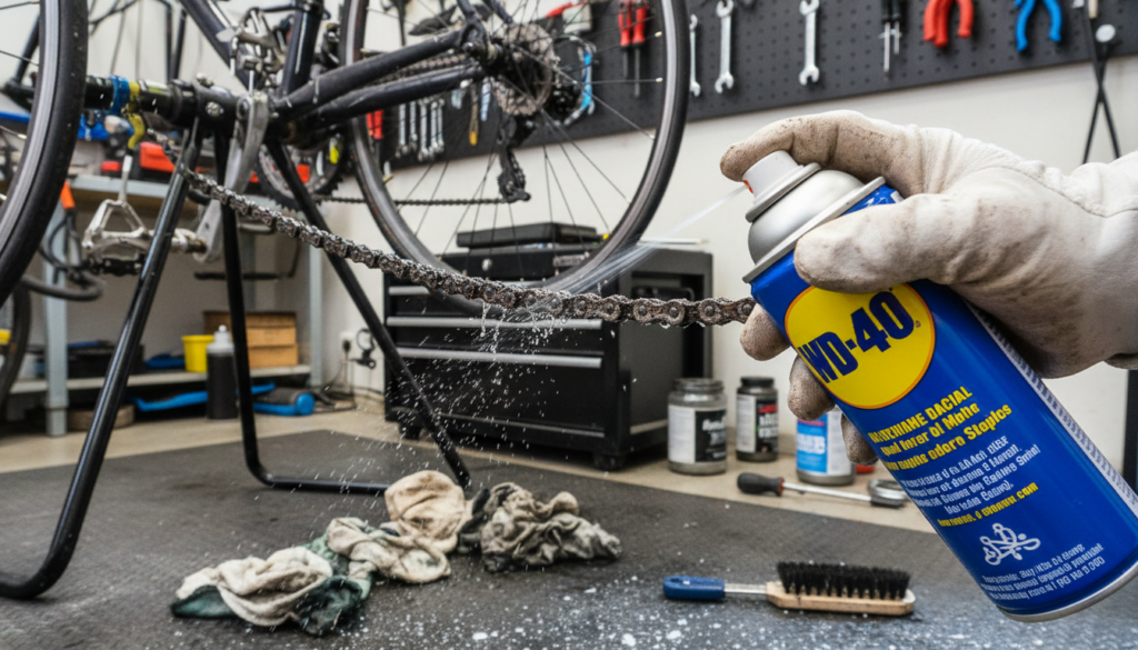 A close-up, detailed view of a bicycle chain being cleaned with WD-40, highlighting the application process. In the foreground, a hand in a light work glove applies the WD-40 spray onto the chain, as the liquid glistens under bright, natural lighting. In the middle ground, the bike is positioned on a maintenance stand, with grease and cloths scattered around, suggesting an active upkeep environment. The background features a garage or workshop setting with tools hanging on the walls, enhancing the mechanical atmosphere. The image conveys a sense of diligence and technical care, illustrating the proper use of WD-40 for bike maintenance, emphasizing a clean yet slightly gritty feel typical of a workshop. A close-up, detailed view of a bicycle chain being cleaned with WD-40, highlighting the application process. In the foreground, a hand in a light work glove applies the WD-40 spray onto the chain, as the liquid glistens under bright, natural lighting. In the middle ground, the bike is positioned on a maintenance stand, with grease and cloths scattered around, suggesting an active upkeep environment. The background features a garage or workshop setting with tools hanging on the walls, enhancing the mechanical atmosphere. The image conveys a sense of diligence and technical care, illustrating the proper use of WD-40 for bike maintenance, emphasizing a clean yet slightly gritty feel typical of a workshop.