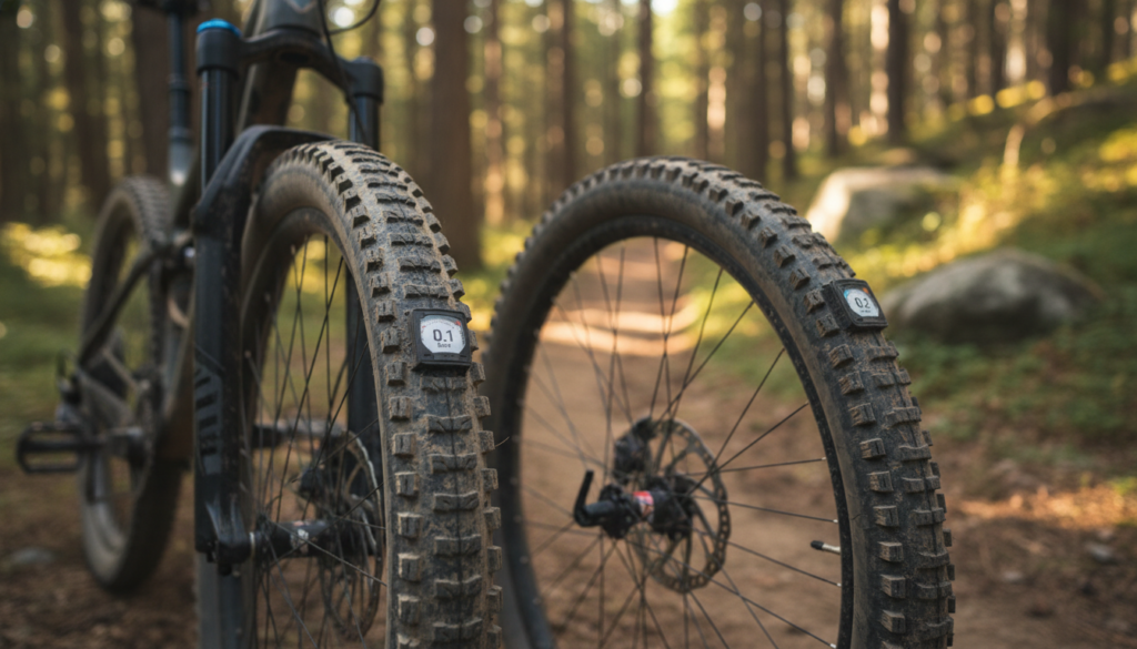 A close-up image of a mountain bike in a natural outdoor setting, showcasing the front and rear tires with visible pressure gauge indicators reading 0.1 and 0.2 bar. The foreground features the bike at a slight angle, highlighting the tires against a blurred background of a rugged trail. Soft, diffused sunlight filters through the trees, casting gentle shadows and creating a warm, inviting atmosphere. The tires are slightly muddy, suggesting recent use on various terrains, symbolizing the importance of tire pressure in performance. The camera angle is low, giving a dynamic perspective that emphasizes the tires while maintaining a sharp focus on the bike. No text or markings are included, ensuring clarity and professionalism. A close-up image of a mountain bike in a natural outdoor setting, showcasing the front and rear tires with visible pressure gauge indicators reading 0.1 and 0.2 bar. The foreground features the bike at a slight angle, highlighting the tires against a blurred background of a rugged trail. Soft, diffused sunlight filters through the trees, casting gentle shadows and creating a warm, inviting atmosphere. The tires are slightly muddy, suggesting recent use on various terrains, symbolizing the importance of tire pressure in performance. The camera angle is low, giving a dynamic perspective that emphasizes the tires while maintaining a sharp focus on the bike. No text or markings are included, ensuring clarity and professionalism.