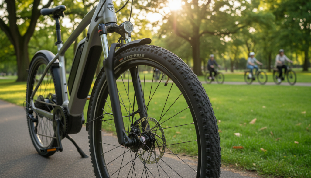 A close-up of a 28-inch e-bike tire, prominently displaying a tire pressure gauge measuring the air pressure, emphasizing the importance of maintaining proper tire pressure. The foreground features a sleek and modern e-bike parked beside a road, while the middle ground showcases a vivid green park setting, with soft sunlight filtering through the trees, creating a bright and inviting atmosphere. In the background, blurred cyclists can be seen riding leisurely, illustrating the recreational aspect of e-biking. The lighting should be warm and natural, simulating late afternoon sunshine, with a shallow depth of field to draw attention to the tire and gauge. The overall mood should convey a sense of care and precision in e-bike maintenance, encouraging readers to focus on optimal performance. A close-up of a 28-inch e-bike tire, prominently displaying a tire pressure gauge measuring the air pressure, emphasizing the importance of maintaining proper tire pressure. The foreground features a sleek and modern e-bike parked beside a road, while the middle ground showcases a vivid green park setting, with soft sunlight filtering through the trees, creating a bright and inviting atmosphere. In the background, blurred cyclists can be seen riding leisurely, illustrating the recreational aspect of e-biking. The lighting should be warm and natural, simulating late afternoon sunshine, with a shallow depth of field to draw attention to the tire and gauge. The overall mood should convey a sense of care and precision in e-bike maintenance, encouraging readers to focus on optimal performance.