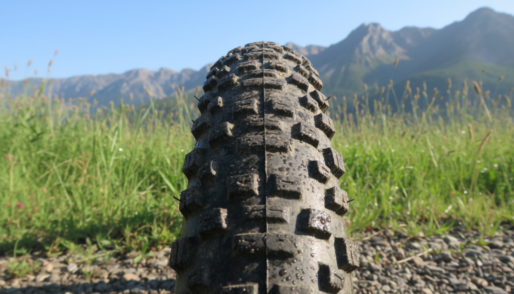 A close-up of a mountain bike tire on rugged terrain, showcasing the tire tread patterns designed for various surfaces. The foreground features the bike tire, prominently displaying the engraved details with moisture drops glistening on the rubber. In the middle ground, tall, lush green grass and small rocks indicate an off-road environment, highlighting the type of terrain. The background reveals a mountain landscape under a clear blue sky, casting soft natural light on the scene for a fresh, vibrant atmosphere. The camera angle should be slightly below the tire level, emphasizing its grip and traction capabilities. The overall mood conveys adventure and readiness for outdoor exploration, perfect for illustrating the importance of tire pressure based on riding style and surface conditions. A close-up of a mountain bike tire on rugged terrain, showcasing the tire tread patterns designed for various surfaces. The foreground features the bike tire, prominently displaying the engraved details with moisture drops glistening on the rubber. In the middle ground, tall, lush green grass and small rocks indicate an off-road environment, highlighting the type of terrain. The background reveals a mountain landscape under a clear blue sky, casting soft natural light on the scene for a fresh, vibrant atmosphere. The camera angle should be slightly below the tire level, emphasizing its grip and traction capabilities. The overall mood conveys adventure and readiness for outdoor exploration, perfect for illustrating the importance of tire pressure based on riding style and surface conditions.