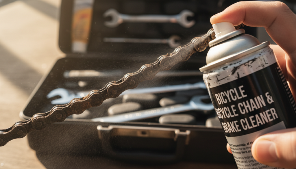 A close-up view of a bicycle chain and brake cleaner spray can, with visible signs of damage on the chain such as corrosion and wear. The foreground showcases the chain in sharp focus, highlighting the intricate links and texture. The background features a blurred toolbox with other bike maintenance tools, creating a sense of context without distraction. Warm, natural lighting casts gentle shadows, emphasizing the metallic sheen of the chain. The mood is technical and informative, reflecting the delicate balance between maintenance and material integrity. The angle is slightly tilted to enhance depth, focusing on the impact of brake cleaner on the bicycle components. A close-up view of a bicycle chain and brake cleaner spray can, with visible signs of damage on the chain such as corrosion and wear. The foreground showcases the chain in sharp focus, highlighting the intricate links and texture. The background features a blurred toolbox with other bike maintenance tools, creating a sense of context without distraction. Warm, natural lighting casts gentle shadows, emphasizing the metallic sheen of the chain. The mood is technical and informative, reflecting the delicate balance between maintenance and material integrity. The angle is slightly tilted to enhance depth, focusing on the impact of brake cleaner on the bicycle components.