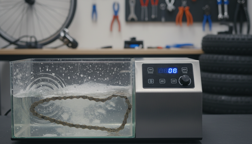 A close-up view of a bicycle chain being cleaned using an ultrasonic cleaner. The foreground features a shiny, well-maintained bike chain submerged in a transparent tank filled with soapy water, with ultrasound waves visibly radiating around it. The middle layer shows the ultrasonic cleaner with intricate controls and indicators, highlighting its modern design. In the background, a workshop setting with tools and bike parts creates an environment that feels both technical and inviting. Soft, diffused lighting enhances the gleam of the metal surfaces and water, while a slightly blurred focus on the background adds depth. The overall mood is focused and efficient, capturing the essence of DIY bike maintenance and the thoroughness of ultrasonic cleaning. A close-up view of a bicycle chain being cleaned using an ultrasonic cleaner. The foreground features a shiny, well-maintained bike chain submerged in a transparent tank filled with soapy water, with ultrasound waves visibly radiating around it. The middle layer shows the ultrasonic cleaner with intricate controls and indicators, highlighting its modern design. In the background, a workshop setting with tools and bike parts creates an environment that feels both technical and inviting. Soft, diffused lighting enhances the gleam of the metal surfaces and water, while a slightly blurred focus on the background adds depth. The overall mood is focused and efficient, capturing the essence of DIY bike maintenance and the thoroughness of ultrasonic cleaning.