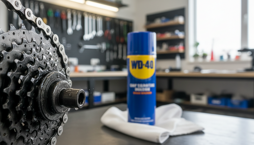 A close-up view of a bicycle chain being cleaned with WD-40, positioned prominently in the foreground. The chain glistens with the sheen of the lubricant, showcasing details of the links and cogs, surrounded by small droplets of the cleaner. In the middle ground, a can of WD-40 is artfully placed beside a clean cloth, hinting at the maintenance work being performed. The background features a softly blurred, well-lit workshop setting with tools and bike parts, emphasizing a professional and organized atmosphere. The lighting is bright and clear, creating a fresh, clean aesthetic, while the composition invites the viewer to focus on the bicycle chain maintenance process. A close-up view of a bicycle chain being cleaned with WD-40, positioned prominently in the foreground. The chain glistens with the sheen of the lubricant, showcasing details of the links and cogs, surrounded by small droplets of the cleaner. In the middle ground, a can of WD-40 is artfully placed beside a clean cloth, hinting at the maintenance work being performed. The background features a softly blurred, well-lit workshop setting with tools and bike parts, emphasizing a professional and organized atmosphere. The lighting is bright and clear, creating a fresh, clean aesthetic, while the composition invites the viewer to focus on the bicycle chain maintenance process.