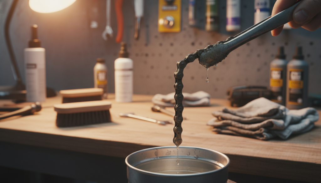 A close-up view of a bicycle chain being cleaned with a small container of gasoline in a well-lit workshop. In the foreground, focus on a detailed, slightly dirty bicycle chain held with tongs, glistening with drops of gasoline, reflecting light. In the middle ground, show a slightly worn but organized workbench with tools like a brush and rags nearby, hinting at maintenance work. The background includes shelves filled with bike maintenance supplies and tools, slightly blurred to emphasize the cleaning process. Soft, warm lighting creates an inviting yet cautionary atmosphere, suggesting careful handling of the gasoline. The angle should be slightly elevated, capturing the action and the importance of safety in cleaning bicycle chains. A close-up view of a bicycle chain being cleaned with a small container of gasoline in a well-lit workshop. In the foreground, focus on a detailed, slightly dirty bicycle chain held with tongs, glistening with drops of gasoline, reflecting light. In the middle ground, show a slightly worn but organized workbench with tools like a brush and rags nearby, hinting at maintenance work. The background includes shelves filled with bike maintenance supplies and tools, slightly blurred to emphasize the cleaning process. Soft, warm lighting creates an inviting yet cautionary atmosphere, suggesting careful handling of the gasoline. The angle should be slightly elevated, capturing the action and the importance of safety in cleaning bicycle chains.