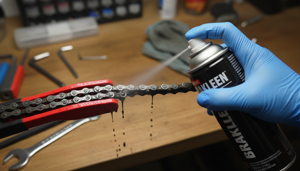 A close-up view of a bicycle chain being cleaned with brake cleaner spray. The foreground features a gloved hand holding the brake cleaner can, demonstrating the action of applying the cleaner to the chain. In the middle, the bike chain glimmers under the bright, focused light, showing its intricate details and grime being removed. In the background, soft-focus elements like tools and a workbench suggest a well-lit garage environment. The lighting should create a fresh and clean atmosphere, emphasizing the maintenance aspect of bicycle care. The overall mood should evoke a sense of diligence and responsibility, ideal for a bicycle enthusiast. The angle captures the scene from slightly above, giving a clear view of the action while maintaining an organized composition. A close-up view of a bicycle chain being cleaned with brake cleaner spray. The foreground features a gloved hand holding the brake cleaner can, demonstrating the action of applying the cleaner to the chain. In the middle, the bike chain glimmers under the bright, focused light, showing its intricate details and grime being removed. In the background, soft-focus elements like tools and a workbench suggest a well-lit garage environment. The lighting should create a fresh and clean atmosphere, emphasizing the maintenance aspect of bicycle care. The overall mood should evoke a sense of diligence and responsibility, ideal for a bicycle enthusiast. The angle captures the scene from slightly above, giving a clear view of the action while maintaining an organized composition.