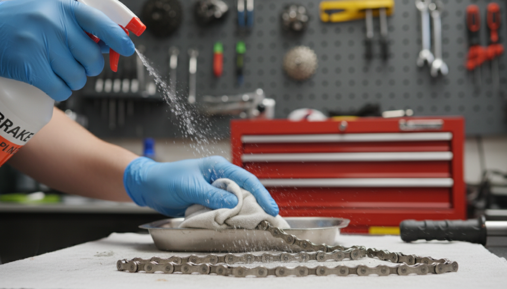 A close-up view of a bicycle chain being cleaned with brake cleaner. In the foreground, a bottle of brake cleaner with a spray nozzle, glistening droplets of cleaner visible. The chain, shiny and free of grime, lies on a clean workspace, highlighting the transformation. In the middle ground, a pair of gloved hands, wearing protective gear, are holding the chain with a lint-free cloth, showcasing careful maintenance. In the background, a soft-focus toolbox and bicycle parts are visible, suggesting an organized workshop atmosphere. The lighting is bright and even, emphasizing cleanliness and detailing. The mood reflects a sense of diligence and care in bicycle maintenance. A close-up view of a bicycle chain being cleaned with brake cleaner. In the foreground, a bottle of brake cleaner with a spray nozzle, glistening droplets of cleaner visible. The chain, shiny and free of grime, lies on a clean workspace, highlighting the transformation. In the middle ground, a pair of gloved hands, wearing protective gear, are holding the chain with a lint-free cloth, showcasing careful maintenance. In the background, a soft-focus toolbox and bicycle parts are visible, suggesting an organized workshop atmosphere. The lighting is bright and even, emphasizing cleanliness and detailing. The mood reflects a sense of diligence and care in bicycle maintenance.