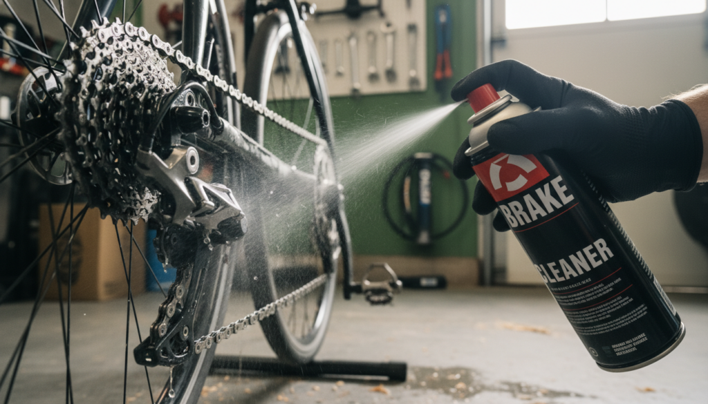 A close-up view of a bicycle chain being cleaned with brake cleaner. In the foreground, a gloved hand is holding a spray canister of brake cleaner, aiming it at a shiny, well-maintained bicycle chain that glistens under soft, natural lighting. The middle ground features the bicycle's frame, slightly out of focus, showcasing the details of the gears and derailleur. In the background, a blurred garage environment with tools and bicycle accessories hints at a well-equipped workspace. The overall mood is focused and practical, emphasizing mechanical care and maintenance, with a subtle sheen reflecting professionalism and cleanliness. The angle is slightly tilted to showcase both the chain and the spray canister dynamically. A close-up view of a bicycle chain being cleaned with brake cleaner. In the foreground, a gloved hand is holding a spray canister of brake cleaner, aiming it at a shiny, well-maintained bicycle chain that glistens under soft, natural lighting. The middle ground features the bicycle's frame, slightly out of focus, showcasing the details of the gears and derailleur. In the background, a blurred garage environment with tools and bicycle accessories hints at a well-equipped workspace. The overall mood is focused and practical, emphasizing mechanical care and maintenance, with a subtle sheen reflecting professionalism and cleanliness. The angle is slightly tilted to showcase both the chain and the spray canister dynamically.