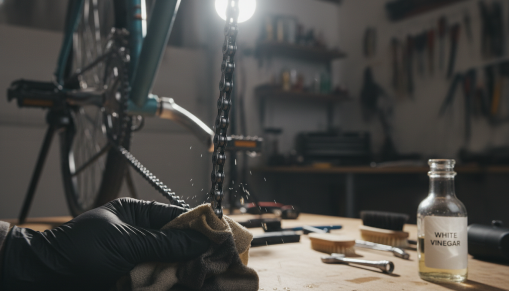 A close-up view of a bicycle chain being cleaned with vinegar, showcasing the intricate details of the metallic links. The foreground features a hand holding a cloth soaked in vinegar, gently wiping the chain, with droplets glinting in the light. In the middle ground, a bicycle is positioned on a workbench, surrounded by tools and an open bottle of vinegar, emphasizing the cleaning process. The background is softly blurred, featuring a garage or workshop setting with ambient lighting that highlights the metallic sheen of the chain. The overall mood conveys a sense of caution, reflecting the section's emphasis on the potential harm of acidic cleaners to metal surfaces. The image is well-lit to accentuate textures and colors, shot from a slightly elevated angle for depth. A close-up view of a bicycle chain being cleaned with vinegar, showcasing the intricate details of the metallic links. The foreground features a hand holding a cloth soaked in vinegar, gently wiping the chain, with droplets glinting in the light. In the middle ground, a bicycle is positioned on a workbench, surrounded by tools and an open bottle of vinegar, emphasizing the cleaning process. The background is softly blurred, featuring a garage or workshop setting with ambient lighting that highlights the metallic sheen of the chain. The overall mood conveys a sense of caution, reflecting the section's emphasis on the potential harm of acidic cleaners to metal surfaces. The image is well-lit to accentuate textures and colors, shot from a slightly elevated angle for depth.