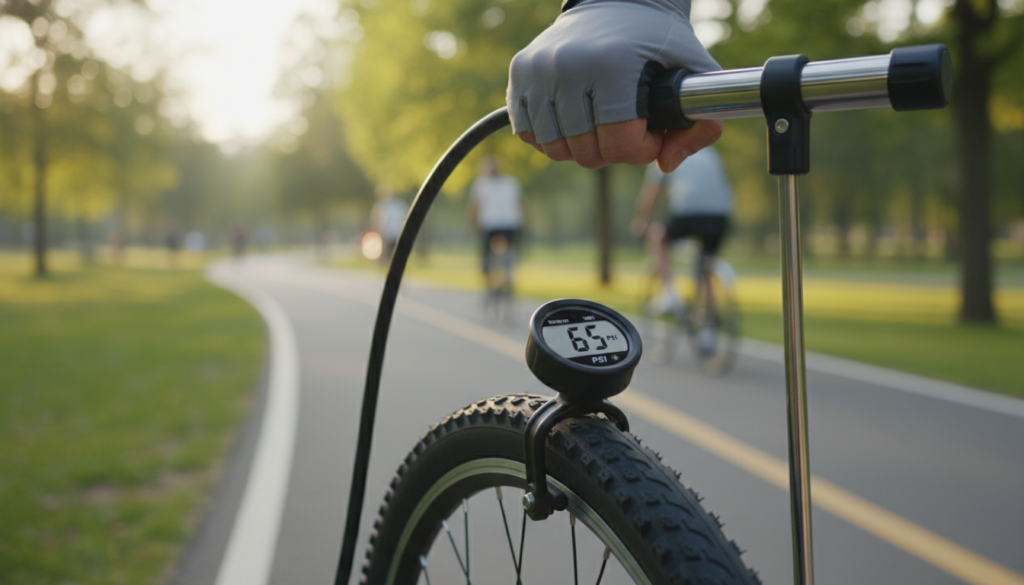 A close-up view of a bicycle tire in the foreground, showcasing a gauge reading of optimal air pressure in precise, clear numbers. The middle layer features a hand adjusting the tire pressure with a high-quality pump, emphasizing the importance of maintaining proper inflation. In the background, a blurred image of a serene park or cycling path subtly hints at an outdoor cycling environment, adding context to the scene. Natural daylight illuminates the image, casting soft shadows, while a shallow depth of field focuses on the tire and gauge, creating a professional and informative atmosphere. The overall mood is practical and encouraging, ideal for promoting awareness about bike tire maintenance. A close-up view of a bicycle tire in the foreground, showcasing a gauge reading of optimal air pressure in precise, clear numbers. The middle layer features a hand adjusting the tire pressure with a high-quality pump, emphasizing the importance of maintaining proper inflation. In the background, a blurred image of a serene park or cycling path subtly hints at an outdoor cycling environment, adding context to the scene. Natural daylight illuminates the image, casting soft shadows, while a shallow depth of field focuses on the tire and gauge, creating a professional and informative atmosphere. The overall mood is practical and encouraging, ideal for promoting awareness about bike tire maintenance.