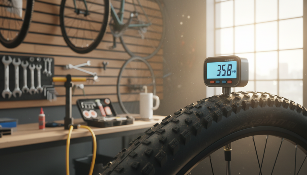 A close-up view of a digital bicycle tire pressure gauge displaying numerical readings, located on a bicycle tire in the foreground. The middle layer features a focused bicycle workshop environment, with tools like a tire pump and a repair kit neatly arranged. The background includes a softly blurred image of bicycles hanging on a wall and a large window allowing natural light to pour in, creating a warm and inviting atmosphere. The lighting is bright and even, casting gentle shadows to highlight the texture of the tire and the gauge. The overall mood is technical and informative, emphasizing the importance of accurate tire pressure maintenance for cyclists. A close-up view of a digital bicycle tire pressure gauge displaying numerical readings, located on a bicycle tire in the foreground. The middle layer features a focused bicycle workshop environment, with tools like a tire pump and a repair kit neatly arranged. The background includes a softly blurred image of bicycles hanging on a wall and a large window allowing natural light to pour in, creating a warm and inviting atmosphere. The lighting is bright and even, casting gentle shadows to highlight the texture of the tire and the gauge. The overall mood is technical and informative, emphasizing the importance of accurate tire pressure maintenance for cyclists.