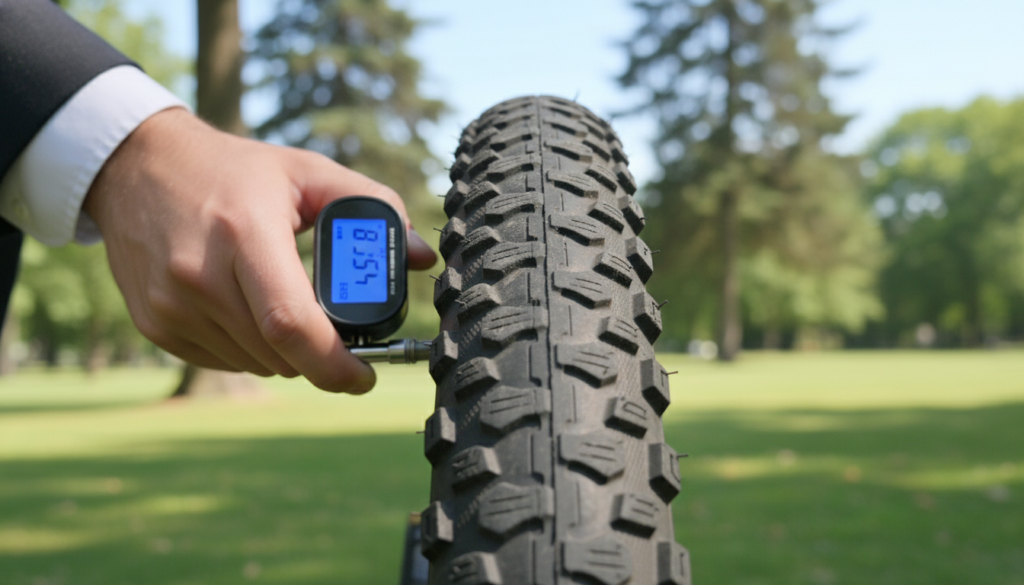 A close-up view of a pedelec bike tire showcasing the importance of tire pressure, with a digital pressure gauge prominently displayed next to it. The foreground features the tire, emphasizing the tread pattern and texture, while the gauge reads a specific pressure level, creating a strong focal point. In the middle ground, a hand in a professional business attire adjusts the tire valve, illustrating the concept of checking and maintaining proper tire pressure. The background is a softly blurred park scene, with lush green trees and a blue sky, conveying a serene atmosphere. The lighting is bright and natural, suggesting a sunny day, enhancing the clarity of the image. The angle is slightly above eye level, capturing the interaction between the hand, the gauge, and the tire effectively. A close-up view of a pedelec bike tire showcasing the importance of tire pressure, with a digital pressure gauge prominently displayed next to it. The foreground features the tire, emphasizing the tread pattern and texture, while the gauge reads a specific pressure level, creating a strong focal point. In the middle ground, a hand in a professional business attire adjusts the tire valve, illustrating the concept of checking and maintaining proper tire pressure. The background is a softly blurred park scene, with lush green trees and a blue sky, conveying a serene atmosphere. The lighting is bright and natural, suggesting a sunny day, enhancing the clarity of the image. The angle is slightly above eye level, capturing the interaction between the hand, the gauge, and the tire effectively.