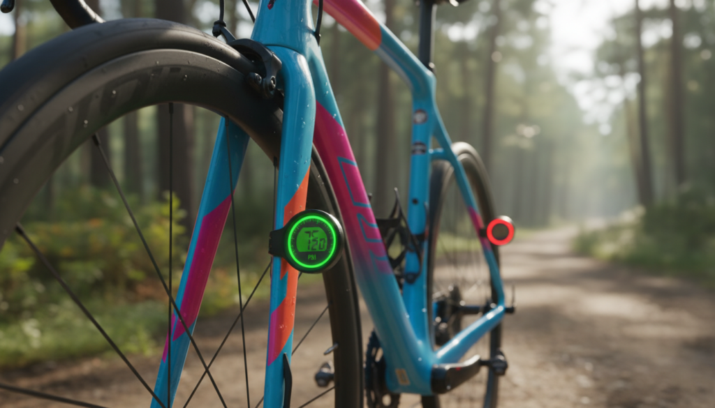 A close-up view of a racing bike, focusing on the front and rear tires with an emphasis on tire pressure gauges displaying different PSI values. The front tire is slightly larger and has a lower pressure gauge indicated in green, while the rear tire is smaller with a higher PSI reading shown in red. The bike’s sleek frame is in a vibrant color, reflecting the dynamics of speed and performance. In the background, a blurred image of a cycling trail suggests a competitive environment. The lighting is bright and natural, highlighting the nuances of the tires, emphasizing the importance of pressure in cycling efficiency. Capture this scene from a slightly elevated angle, showcasing both tires prominently, while maintaining sharp focus on the tire gauges, creating an informative and engaging atmosphere. A close-up view of a racing bike, focusing on the front and rear tires with an emphasis on tire pressure gauges displaying different PSI values. The front tire is slightly larger and has a lower pressure gauge indicated in green, while the rear tire is smaller with a higher PSI reading shown in red. The bike’s sleek frame is in a vibrant color, reflecting the dynamics of speed and performance. In the background, a blurred image of a cycling trail suggests a competitive environment. The lighting is bright and natural, highlighting the nuances of the tires, emphasizing the importance of pressure in cycling efficiency. Capture this scene from a slightly elevated angle, showcasing both tires prominently, while maintaining sharp focus on the tire gauges, creating an informative and engaging atmosphere.