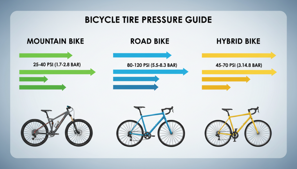 A detailed and organized infographic showcasing a tire pressure chart categorized by different types of bicycles, such as mountain bikes, road bikes, and hybrid bikes. In the foreground, display a vibrant, clear chart with color-coded sections for each bicycle type, with arrows and indicators showing the recommended pressure ranges in both bar and PSI. The middle section should include stylized illustrations of the various bike types, emphasizing their unique designs. The background features a clean, minimalistic design with a subtle gradient that enhances readability without distracting from the chart. Soft, diffused lighting creates an inviting atmosphere, promoting clarity and professional appeal. The overall mood should be informative and engaging, suitable for an educational article on bicycle tire pressure. A detailed and organized infographic showcasing a tire pressure chart categorized by different types of bicycles, such as mountain bikes, road bikes, and hybrid bikes. In the foreground, display a vibrant, clear chart with color-coded sections for each bicycle type, with arrows and indicators showing the recommended pressure ranges in both bar and PSI. The middle section should include stylized illustrations of the various bike types, emphasizing their unique designs. The background features a clean, minimalistic design with a subtle gradient that enhances readability without distracting from the chart. Soft, diffused lighting creates an inviting atmosphere, promoting clarity and professional appeal. The overall mood should be informative and engaging, suitable for an educational article on bicycle tire pressure.