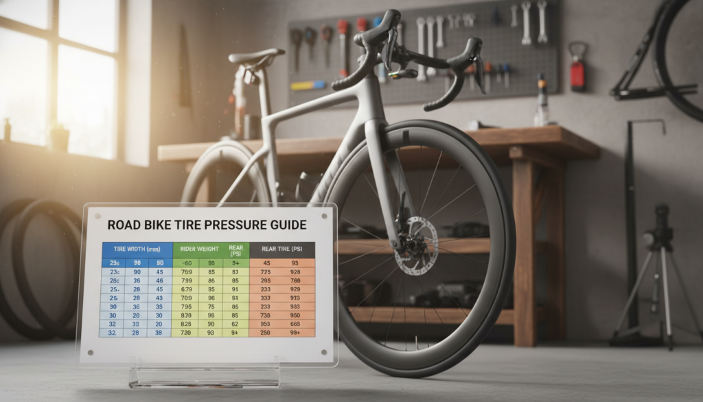 A detailed and visually appealing image of a "road bike tire pressure chart" designed for a cycling enthusiast's article. The foreground features a clear, well-structured table displaying tire pressure values linked to various tire widths in millimeters, using distinct colors for easy readability. In the middle, a stylish, modern road bike is positioned, showcasing its sleek tires and equipment, hinting at optimum performance. The background consists of a subtle textured surface, like a bike workshop or a racing environment, illuminated by soft, natural light to create a warm, inviting atmosphere. A wide-angle perspective emphasizes the bike and chart, inviting viewers into the intricate world of cycling specifications. The overall mood is informative yet engaging, ideal for educating readers about tire pressure essentials. A detailed and visually appealing image of a "road bike tire pressure chart" designed for a cycling enthusiast's article. The foreground features a clear, well-structured table displaying tire pressure values linked to various tire widths in millimeters, using distinct colors for easy readability. In the middle, a stylish, modern road bike is positioned, showcasing its sleek tires and equipment, hinting at optimum performance. The background consists of a subtle textured surface, like a bike workshop or a racing environment, illuminated by soft, natural light to create a warm, inviting atmosphere. A wide-angle perspective emphasizes the bike and chart, inviting viewers into the intricate world of cycling specifications. The overall mood is informative yet engaging, ideal for educating readers about tire pressure essentials.