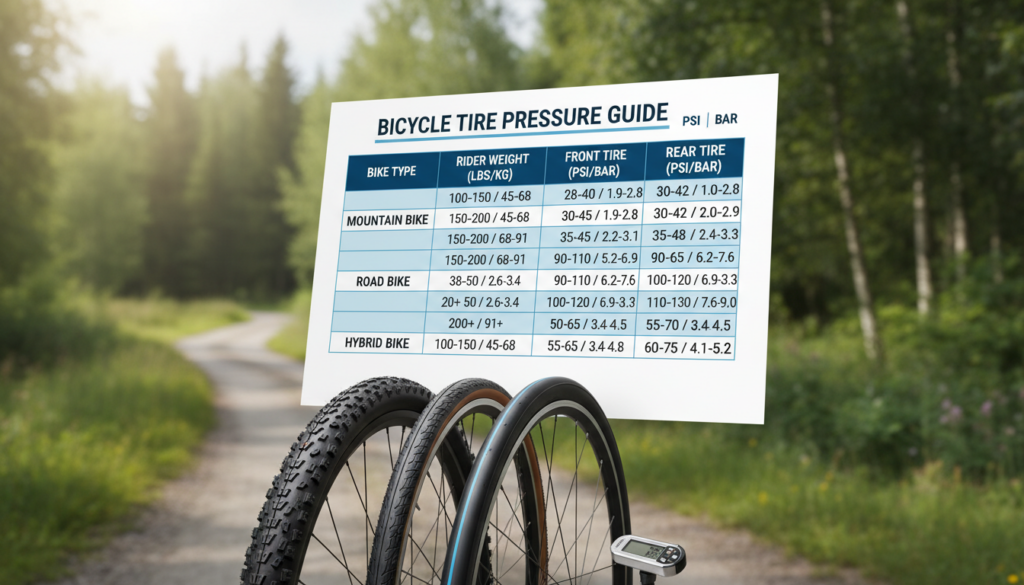 A detailed bicycle tire pressure chart illustrating PSI and Bar measurements, neatly organized in rows and columns for various bicycle types, such as mountain bikes, road bikes, and hybrid bikes. The chart features a sleek, modern design with contrasting colors for easy readability. In the foreground, there are bicycle tires displayed next to the chart, showcasing different sizes and types. The middle ground displays the chart prominently, while the background features a blurred outdoor landscape with trees and a pathway, evoking a sense of cycling outdoors. Soft, natural lighting creates a bright and inviting atmosphere. The perspective is from slightly above, giving a clear view of the chart while emphasizing the tires in the foreground. No text or branding is included. A detailed bicycle tire pressure chart illustrating PSI and Bar measurements, neatly organized in rows and columns for various bicycle types, such as mountain bikes, road bikes, and hybrid bikes. The chart features a sleek, modern design with contrasting colors for easy readability. In the foreground, there are bicycle tires displayed next to the chart, showcasing different sizes and types. The middle ground displays the chart prominently, while the background features a blurred outdoor landscape with trees and a pathway, evoking a sense of cycling outdoors. Soft, natural lighting creates a bright and inviting atmosphere. The perspective is from slightly above, giving a clear view of the chart while emphasizing the tires in the foreground. No text or branding is included.