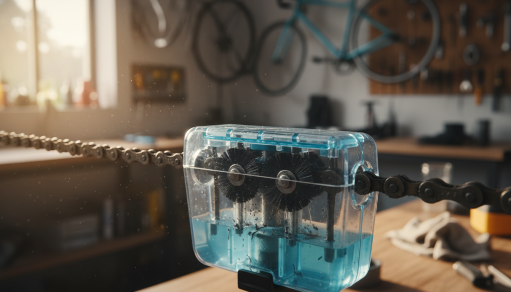 A detailed, close-up image of a bicycle chain cleaning device, prominently displaying its features and mechanics. In the foreground, the cleaning tool should be in sharp focus, revealing its intricate parts like brushes and a reservoir for cleaning solution. The middle ground features a bicycle chain being cleaned, showing dirt and grime being removed effectively. In the background, there should be a blurred out bicycle workshop, infused with a warm and inviting ambiance, illuminated by soft, natural lighting creating a practical yet engaging atmosphere. The scene is shot with a macro lens to emphasize the cleaning device's details, evoking a sense of efficiency and care in bicycle maintenance. A detailed, close-up image of a bicycle chain cleaning device, prominently displaying its features and mechanics. In the foreground, the cleaning tool should be in sharp focus, revealing its intricate parts like brushes and a reservoir for cleaning solution. The middle ground features a bicycle chain being cleaned, showing dirt and grime being removed effectively. In the background, there should be a blurred out bicycle workshop, infused with a warm and inviting ambiance, illuminated by soft, natural lighting creating a practical yet engaging atmosphere. The scene is shot with a macro lens to emphasize the cleaning device's details, evoking a sense of efficiency and care in bicycle maintenance.