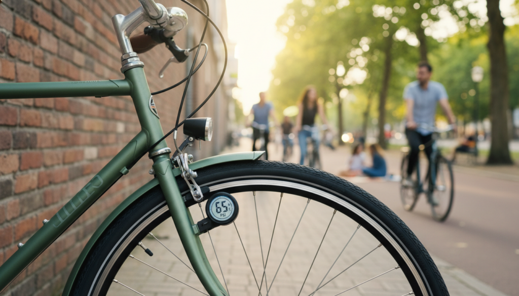 A detailed close-up of a city bike leaning against a rustic brick wall, showcasing its tire pressure gauge prominently visible. The bike features sleek design elements typical of Dutch-style city bikes, with a comfortable saddle and a classic frame. In the foreground, the focus is on the front wheel, displaying a precise tire pressure gauge reading in bright, clear numbers. In the background, a blurred, sunny urban park setting is visible, with people leisurely riding their bikes and enjoying the day. The lighting is warm and inviting, suggesting an afternoon scene. Capture the essence of cycling culture, highlighting the importance of proper tire pressure for city and touring. The overall mood is lively and cheerful, reflecting a vibrant city life. A detailed close-up of a city bike leaning against a rustic brick wall, showcasing its tire pressure gauge prominently visible. The bike features sleek design elements typical of Dutch-style city bikes, with a comfortable saddle and a classic frame. In the foreground, the focus is on the front wheel, displaying a precise tire pressure gauge reading in bright, clear numbers. In the background, a blurred, sunny urban park setting is visible, with people leisurely riding their bikes and enjoying the day. The lighting is warm and inviting, suggesting an afternoon scene. Capture the essence of cycling culture, highlighting the importance of proper tire pressure for city and touring. The overall mood is lively and cheerful, reflecting a vibrant city life.