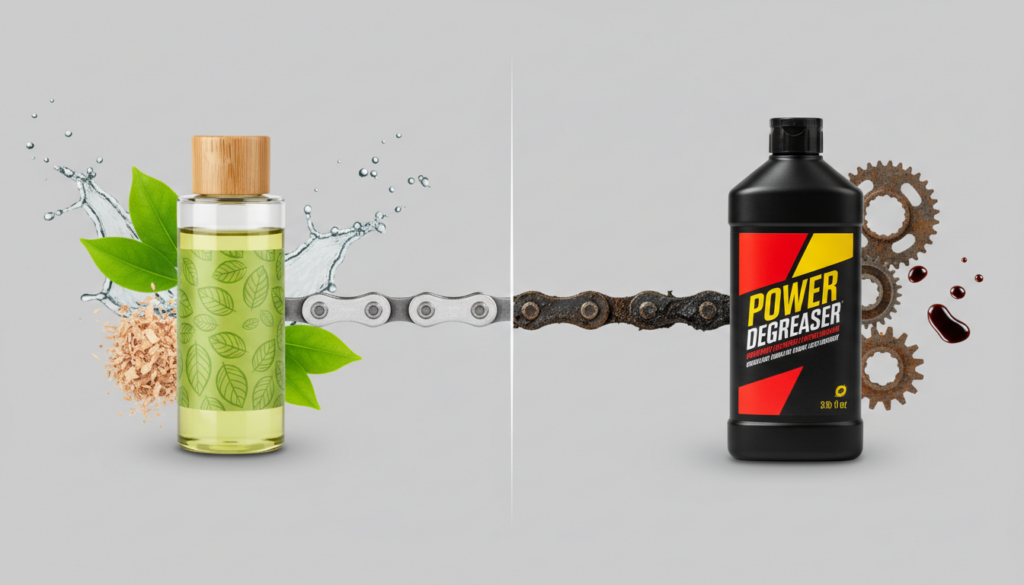 A detailed comparison image of two bicycle chain cleaners set against a neutral backdrop. On the left, the biological cleaner is displayed in a sleek, eco-friendly container with leaf motifs, surrounded by natural elements like green leaves and a small splash of water. On the right, the solvent-based cleaner is shown in a robust plastic bottle with bold graphics, accompanied by industrial elements like metal gears and oil drops. The middle ground features a bicycle chain partially cleaned with each product, showcasing the effectiveness of both. The lighting is bright and even, highlighting the colors and textures, while a slight focus blurs the background, emphasizing the products. The mood is informative and professional, perfect for a technical comparison. A detailed comparison image of two bicycle chain cleaners set against a neutral backdrop. On the left, the biological cleaner is displayed in a sleek, eco-friendly container with leaf motifs, surrounded by natural elements like green leaves and a small splash of water. On the right, the solvent-based cleaner is shown in a robust plastic bottle with bold graphics, accompanied by industrial elements like metal gears and oil drops. The middle ground features a bicycle chain partially cleaned with each product, showcasing the effectiveness of both. The lighting is bright and even, highlighting the colors and textures, while a slight focus blurs the background, emphasizing the products. The mood is informative and professional, perfect for a technical comparison.