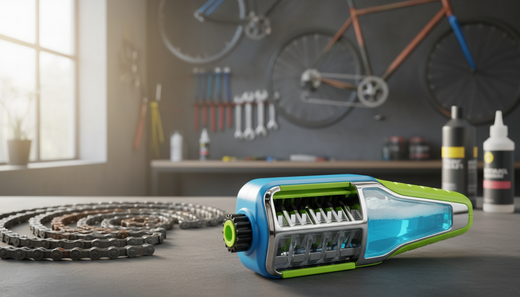 A detailed view of a bicycle chain cleaning device, designed with sleek modern lines and vibrant colors. In the foreground, the cleaning tool stands prominently with visible brushes and cleaning compartments, reflecting a sense of precision and efficiency. The middle ground includes an assortment of bicycle chains in various conditions, demonstrating the device's effectiveness. The background features a softly blurred workshop environment with tools and bicycle parts, creating an inviting and practical atmosphere. Natural lighting streams in from a window, casting gentle shadows and highlighting the details of the cleaning device. The image should evoke a sense of professionalism and focus on maintenance, making it ideal for a discerning audience interested in bicycle upkeep. A detailed view of a bicycle chain cleaning device, designed with sleek modern lines and vibrant colors. In the foreground, the cleaning tool stands prominently with visible brushes and cleaning compartments, reflecting a sense of precision and efficiency. The middle ground includes an assortment of bicycle chains in various conditions, demonstrating the device's effectiveness. The background features a softly blurred workshop environment with tools and bicycle parts, creating an inviting and practical atmosphere. Natural lighting streams in from a window, casting gentle shadows and highlighting the details of the cleaning device. The image should evoke a sense of professionalism and focus on maintenance, making it ideal for a discerning audience interested in bicycle upkeep.
