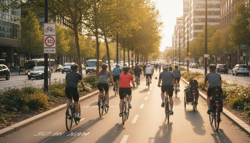 A dynamic scene of a bustling bicycle street, showcasing cyclists navigating a dedicated bike lane under the warm glow of late afternoon sunlight. In the foreground, a diverse group of cyclists, dressed in casual athletic wear, ride at varying speeds to emphasize the importance of traffic awareness. In the middle ground, a well-maintained cycling path is flanked by trees and bike traffic signs indicating speed limits, with a subtle overlay of road markings suggesting a speed of 30 km/h and the need for caution. The background reveals a vibrant urban environment, with blurred cars in a secondary lane, illustrating the coexistence of vehicles and cyclists. The overall mood conveys a sense of community, safety, and the urgency of adhering to speed regulations while cycling. The perspective is slightly elevated, capturing the action of the cyclists as they navigate the integrated road space. A dynamic scene of a bustling bicycle street, showcasing cyclists navigating a dedicated bike lane under the warm glow of late afternoon sunlight. In the foreground, a diverse group of cyclists, dressed in casual athletic wear, ride at varying speeds to emphasize the importance of traffic awareness. In the middle ground, a well-maintained cycling path is flanked by trees and bike traffic signs indicating speed limits, with a subtle overlay of road markings suggesting a speed of 30 km/h and the need for caution. The background reveals a vibrant urban environment, with blurred cars in a secondary lane, illustrating the coexistence of vehicles and cyclists. The overall mood conveys a sense of community, safety, and the urgency of adhering to speed regulations while cycling. The perspective is slightly elevated, capturing the action of the cyclists as they navigate the integrated road space.