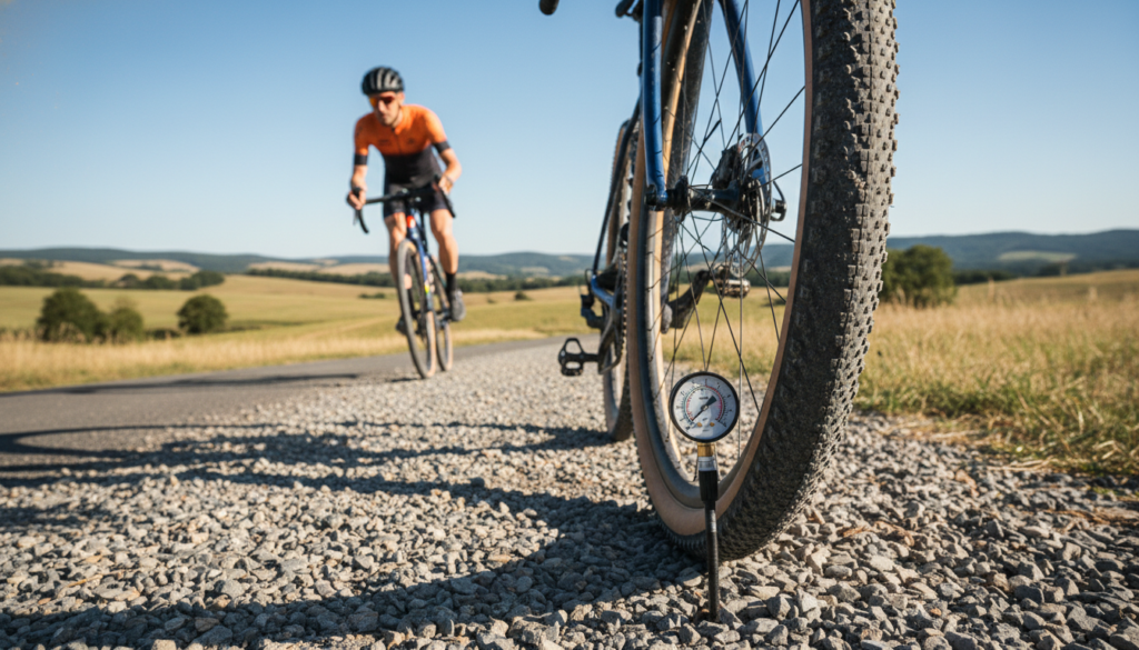 A gravel bike equipped with tubeless tires prominently displayed in the foreground, showcasing a close-up view of the tire pressure gauge reading between 0.3 and 0.5 bar. The bike's sleek frame gleams in sunlight, with the rugged texture of the gravel path beneath it highlighted. In the middle ground, a blurred cyclist in professional cycling attire rides effortlessly on a mix of asphalt and gravel terrain, demonstrating the versatility of tubeless tires. The background features a scenic landscape with rolling hills and a clear blue sky, enhancing the sense of outdoor adventure. The lighting is bright and natural, casting soft shadows that add depth. The overall mood conveys freedom and the joy of cycling on varied surfaces, emphasizing the connection between equipment and performance. A gravel bike equipped with tubeless tires prominently displayed in the foreground, showcasing a close-up view of the tire pressure gauge reading between 0.3 and 0.5 bar. The bike's sleek frame gleams in sunlight, with the rugged texture of the gravel path beneath it highlighted. In the middle ground, a blurred cyclist in professional cycling attire rides effortlessly on a mix of asphalt and gravel terrain, demonstrating the versatility of tubeless tires. The background features a scenic landscape with rolling hills and a clear blue sky, enhancing the sense of outdoor adventure. The lighting is bright and natural, casting soft shadows that add depth. The overall mood conveys freedom and the joy of cycling on varied surfaces, emphasizing the connection between equipment and performance.