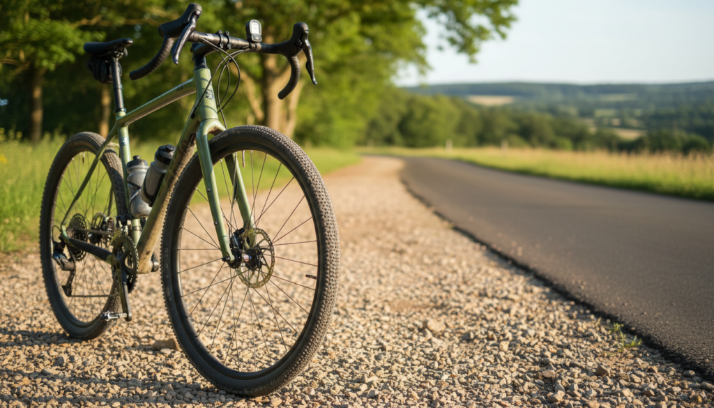 A gravel bike positioned prominently in the foreground, showcasing its rugged tires and specialized frame designed for varied terrain. The bike is resting on a textured surface of gravel, highlighting the importance of tire pressure for different ground types. In the middle ground, a winding dirt path transitions smoothly into asphalt, symbolizing the shift between surfaces. The background features soft, blurred greenery and softly rolling hills, creating a tranquil outdoor atmosphere. The scene is bathed in warm, natural sunlight, casting gentle shadows and enhancing the details of the bike and terrain. A slight depth of field effect emphasizes the bike while maintaining a clear view of the changing landscapes behind it, evoking a sense of adventure and exploration. A gravel bike positioned prominently in the foreground, showcasing its rugged tires and specialized frame designed for varied terrain. The bike is resting on a textured surface of gravel, highlighting the importance of tire pressure for different ground types. In the middle ground, a winding dirt path transitions smoothly into asphalt, symbolizing the shift between surfaces. The background features soft, blurred greenery and softly rolling hills, creating a tranquil outdoor atmosphere. The scene is bathed in warm, natural sunlight, casting gentle shadows and enhancing the details of the bike and terrain. A slight depth of field effect emphasizes the bike while maintaining a clear view of the changing landscapes behind it, evoking a sense of adventure and exploration.