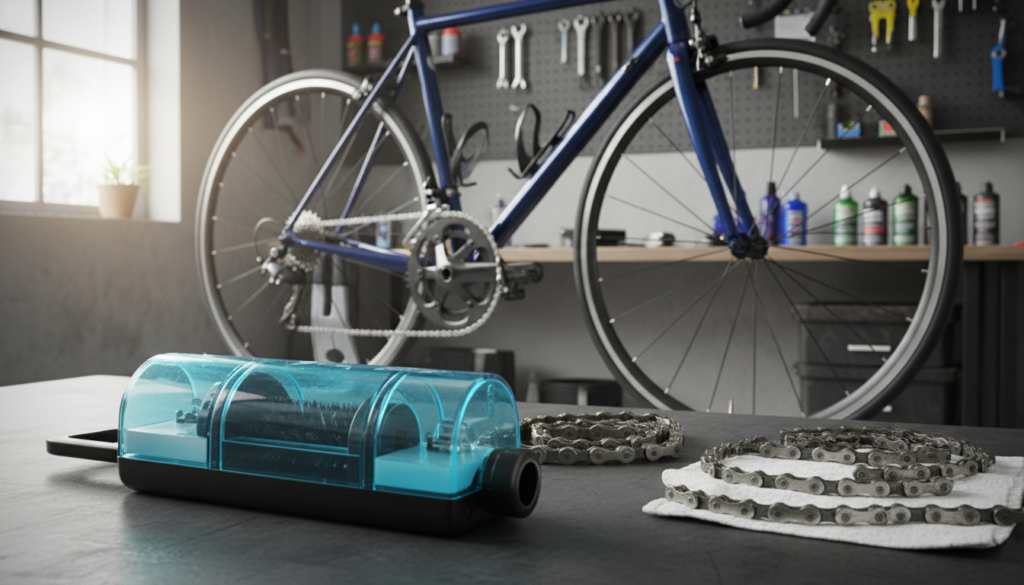 A high-quality image of a bicycle chain cleaning device, prominently displayed in the foreground. The device is detailed, showcasing its brushes and cleaning compartments, with a variety of bike chains set beside it. In the middle background, include a clean, well-maintained bicycle, emphasizing the importance of chain maintenance. The backdrop features a garage or workshop setting, subtly hinting at a practical environment for bike care. Soft, natural lighting streams in from a nearby window, casting gentle shadows and highlighting the cleaning device’s features. The atmosphere conveys a sense of efficiency and professionalism, ideal for illustrating the effectiveness of the chain cleaning device compared to traditional brushes. A high-quality image of a bicycle chain cleaning device, prominently displayed in the foreground. The device is detailed, showcasing its brushes and cleaning compartments, with a variety of bike chains set beside it. In the middle background, include a clean, well-maintained bicycle, emphasizing the importance of chain maintenance. The backdrop features a garage or workshop setting, subtly hinting at a practical environment for bike care. Soft, natural lighting streams in from a nearby window, casting gentle shadows and highlighting the cleaning device’s features. The atmosphere conveys a sense of efficiency and professionalism, ideal for illustrating the effectiveness of the chain cleaning device compared to traditional brushes.