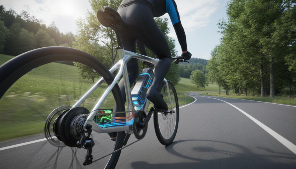 A modern e-bike in action on a scenic road, showcasing the principle of energy recovery. In the foreground, the e-bike's intricate components are highlighted, including a visible battery and electrical circuits. The middle ground features the cyclist, dressed in professional cycling attire, pedaling energetically. Sunlight catches the bike's reflective surfaces, creating a dynamic interplay of light and shadow. The background showcases a lush landscape with trees and hills, symbolizing sustainable energy. The atmosphere is vibrant, conveying a sense of innovation and eco-friendliness. Soft, natural lighting illuminates the scene, while a slight upward angle captures the e-bike’s sleek design, emphasizing its modern technology and capability of self-charging during the ride. A modern e-bike in action on a scenic road, showcasing the principle of energy recovery. In the foreground, the e-bike's intricate components are highlighted, including a visible battery and electrical circuits. The middle ground features the cyclist, dressed in professional cycling attire, pedaling energetically. Sunlight catches the bike's reflective surfaces, creating a dynamic interplay of light and shadow. The background showcases a lush landscape with trees and hills, symbolizing sustainable energy. The atmosphere is vibrant, conveying a sense of innovation and eco-friendliness. Soft, natural lighting illuminates the scene, while a slight upward angle captures the e-bike’s sleek design, emphasizing its modern technology and capability of self-charging during the ride.