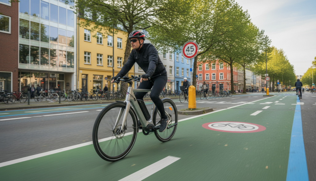 A modern s-pedelec bicycle navigating a designated bicycle street, emphasizing speed and eco-friendliness. In the foreground, the sleek bicycle features a low frame, aerodynamic design, and sporty wheels, ridden by a casually dressed adult wearing a helmet for safety. The middle ground showcases a dedicated bike lane clearly marked with vivid colors and signs indicating speed limits. In the background, a vibrant urban landscape with trees lining the street, colorful buildings, and cyclists in the distance creates an active atmosphere. Soft, natural lighting illuminates the scene, enhancing the feeling of a sunny day. The angle captures the cyclist in motion, suggesting a sense of speed while maintaining a safe and professional environment. A modern s-pedelec bicycle navigating a designated bicycle street, emphasizing speed and eco-friendliness. In the foreground, the sleek bicycle features a low frame, aerodynamic design, and sporty wheels, ridden by a casually dressed adult wearing a helmet for safety. The middle ground showcases a dedicated bike lane clearly marked with vivid colors and signs indicating speed limits. In the background, a vibrant urban landscape with trees lining the street, colorful buildings, and cyclists in the distance creates an active atmosphere. Soft, natural lighting illuminates the scene, enhancing the feeling of a sunny day. The angle captures the cyclist in motion, suggesting a sense of speed while maintaining a safe and professional environment.