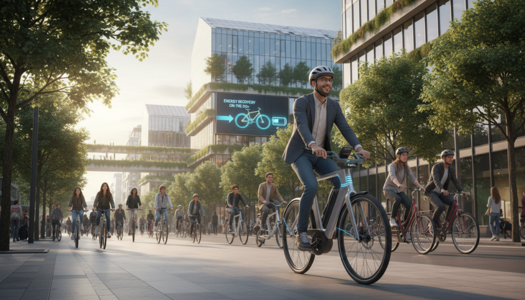 A modern urban scene featuring a sleek electric bike (E-bike) in the foreground, showing a cyclist dressed in smart casual wear, riding along a vibrant city street. The cyclist is smiling, highlighting the satisfaction of riding an E-bike that is recharging during its journey. In the middle ground, other cyclists and pedestrians are seen, demonstrating the hustle and bustle of city traffic. The background showcases a mix of contemporary buildings with solar panels and green spaces, emphasizing an eco-friendly atmosphere. Soft afternoon sunlight filters through the trees, casting dynamic shadows on the pavement. Capture a sense of energy and innovation in this lively urban environment, spotlighting the concept of energy recovery in E-bikes while celebrating sustainable urban transportation. A modern urban scene featuring a sleek electric bike (E-bike) in the foreground, showing a cyclist dressed in smart casual wear, riding along a vibrant city street. The cyclist is smiling, highlighting the satisfaction of riding an E-bike that is recharging during its journey. In the middle ground, other cyclists and pedestrians are seen, demonstrating the hustle and bustle of city traffic. The background showcases a mix of contemporary buildings with solar panels and green spaces, emphasizing an eco-friendly atmosphere. Soft afternoon sunlight filters through the trees, casting dynamic shadows on the pavement. Capture a sense of energy and innovation in this lively urban environment, spotlighting the concept of energy recovery in E-bikes while celebrating sustainable urban transportation.
