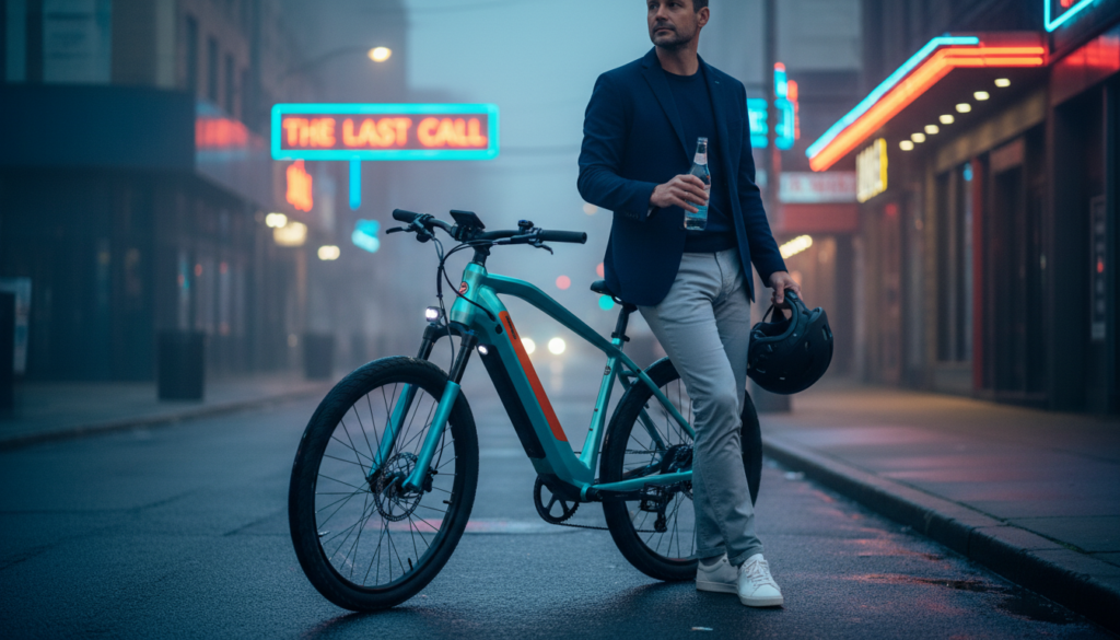 A partially deserted urban street scene at dusk, showcasing a sleek E-bike parked prominently in the foreground. The bike is modern and stylish, featuring a vibrant color scheme that suggests energy and youthfulness. In the middle ground, an adult person in smart casual clothing leans casually against the bike, holding a helmet in one hand and a small bottle of non-alcoholic beverage in the other, exuding a sense of responsibility. In the background, blurred neon lights from nearby bars illuminate the scene, hinting at nightlife and the potential risks associated with riding after consuming alcohol. The atmosphere is slightly tense yet inviting, with soft, warm lighting enhancing the mood, captured with a shallow depth of field to emphasize the central figures while subtly hinting at the dangers of the environment around them. A partially deserted urban street scene at dusk, showcasing a sleek E-bike parked prominently in the foreground. The bike is modern and stylish, featuring a vibrant color scheme that suggests energy and youthfulness. In the middle ground, an adult person in smart casual clothing leans casually against the bike, holding a helmet in one hand and a small bottle of non-alcoholic beverage in the other, exuding a sense of responsibility. In the background, blurred neon lights from nearby bars illuminate the scene, hinting at nightlife and the potential risks associated with riding after consuming alcohol. The atmosphere is slightly tense yet inviting, with soft, warm lighting enhancing the mood, captured with a shallow depth of field to emphasize the central figures while subtly hinting at the dangers of the environment around them.