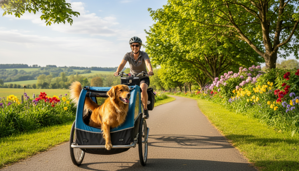 A picturesque scene featuring a dog trailer attached to a bicycle, set in a sunlit park. In the foreground, a happy medium-sized dog peeks out of the trailer, its fur glistening in the warm sunlight. The middle ground captures a cyclist joyfully pedaling along a paved path, surrounded by vibrant green trees and blooming flowers, reflecting a serene afternoon. In the background, a gentle slope leads to rolling hills, enhancing the tranquil atmosphere. The lighting is soft and golden, evoking a sense of comfort and adventure. The angle of the shot is slightly elevated, providing a balanced view of the bicycle and trailer in action, celebrating the bond between dogs and their owners. A picturesque scene featuring a dog trailer attached to a bicycle, set in a sunlit park. In the foreground, a happy medium-sized dog peeks out of the trailer, its fur glistening in the warm sunlight. The middle ground captures a cyclist joyfully pedaling along a paved path, surrounded by vibrant green trees and blooming flowers, reflecting a serene afternoon. In the background, a gentle slope leads to rolling hills, enhancing the tranquil atmosphere. The lighting is soft and golden, evoking a sense of comfort and adventure. The angle of the shot is slightly elevated, providing a balanced view of the bicycle and trailer in action, celebrating the bond between dogs and their owners.